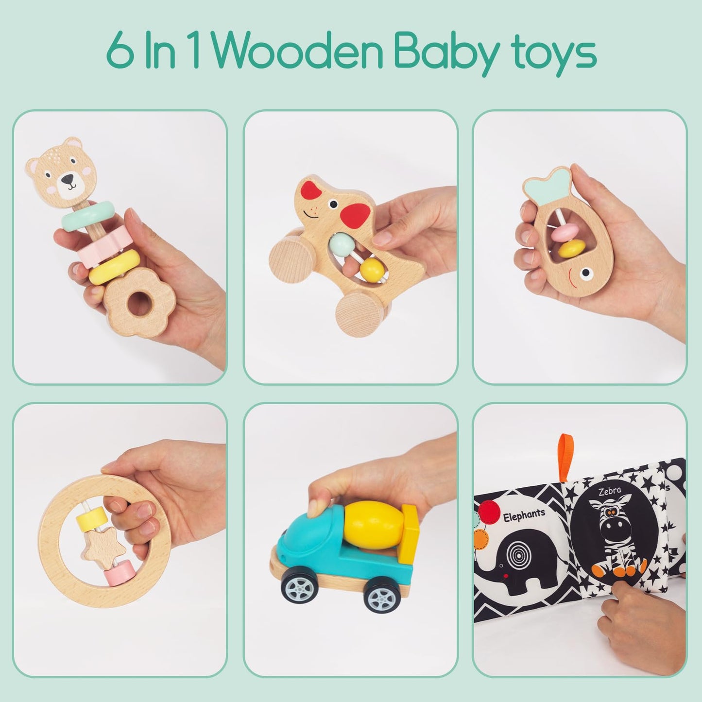 Wooden Baby Toy 6pcs, Montessori Toys for Babies 1-3 Years Old, Wooden Rattles Soft Book Car Toy Set for Infant Grasping, Sensory Development, Gift for Baby Boys Girls