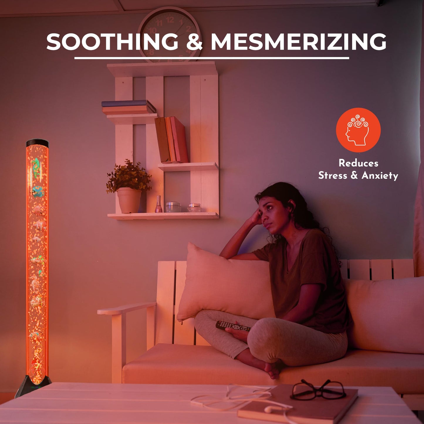 Brewish 4FT Sensory LED Water Bubble Tube Lamp with 16 Color Changing Night Light Effects, Fake Aquarium Tank & Gift for Kids, Autism, Remote Control & 12 Fishes (Wall Bracket Included)