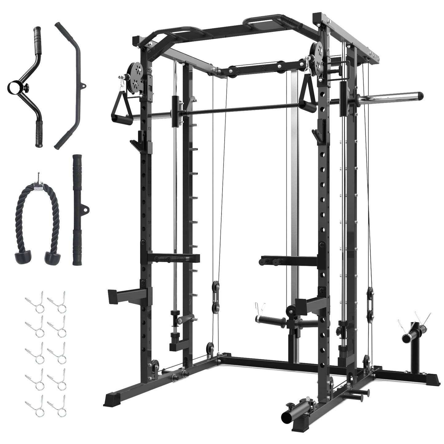 GarveeLife Power Cage, Smith Machine Squat Rack, Heavy Duty Power Rack for Home Gym with Pulley System, Dip Bar, LAT Pulldown, Multifunctional Squat Rack for Home Gym, Black