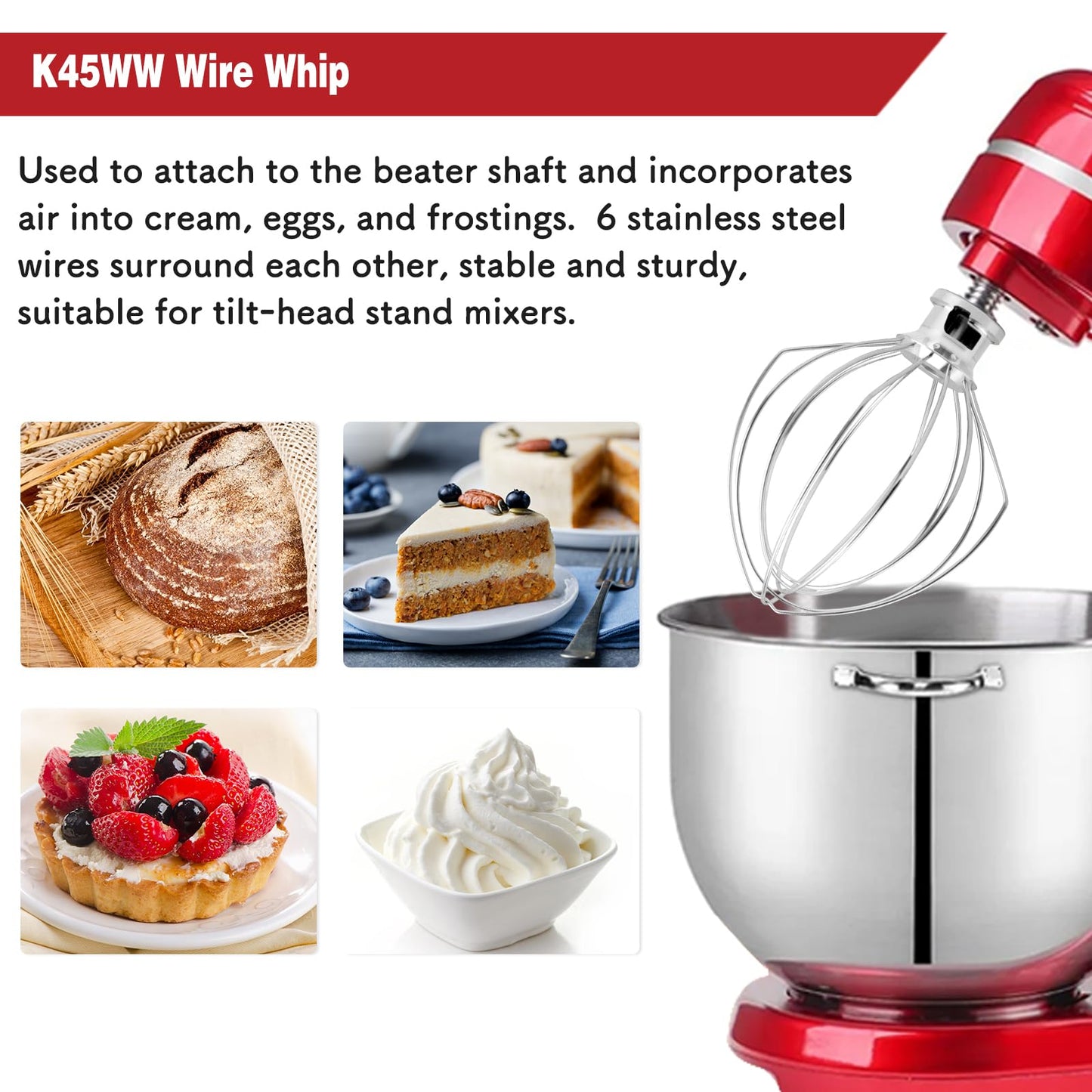 K45WW 6'' Wire Whip Compatible with 4.5-5Qt KitchenAid Tilt-Head Stand Mixer, Kitchenaid Whisk Replacement For Egg Cream Stirrer, Flour Cake Balloon Whisk，Kitchenaid mixer attachments