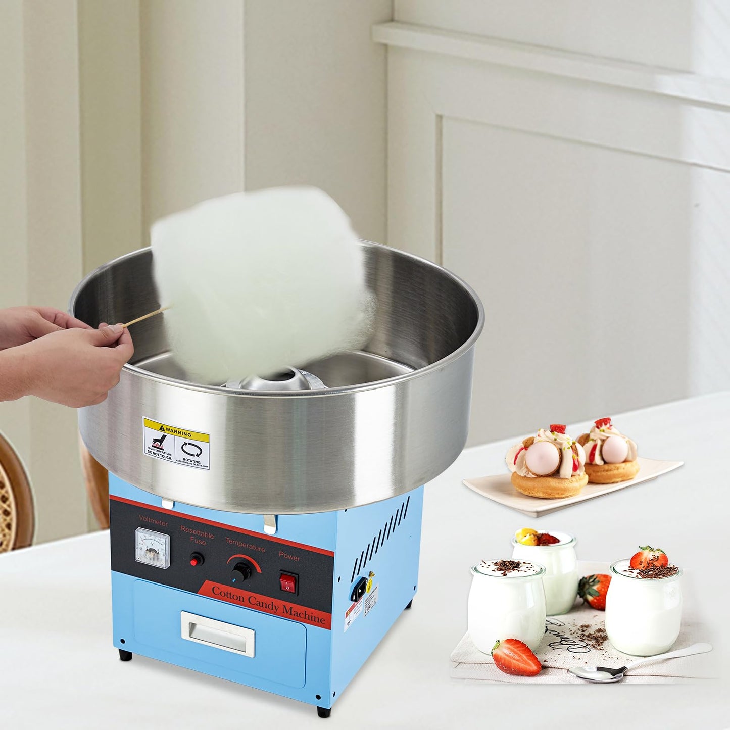 GarveeTech Electric Cotton Candy Machine With Bubble Cover - 1000W Commercial Floss Maker, Stainless Steel Bowl, Sugar Scoop, Drawer, Pink, Ideal for Home & Parties, Blue(no cover)