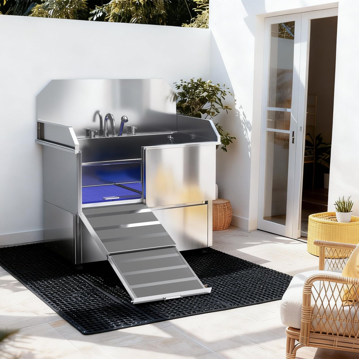 BATHKITS Dog Washing Station – 50 inch Professional 304 Stainless Steel Grooming Tub w/Ramp, Drawer, Faucet & Floor Grate, Dog Bathing Station for Large, Medium & Small Pets, 19" Leak-Proof Deep Soak
