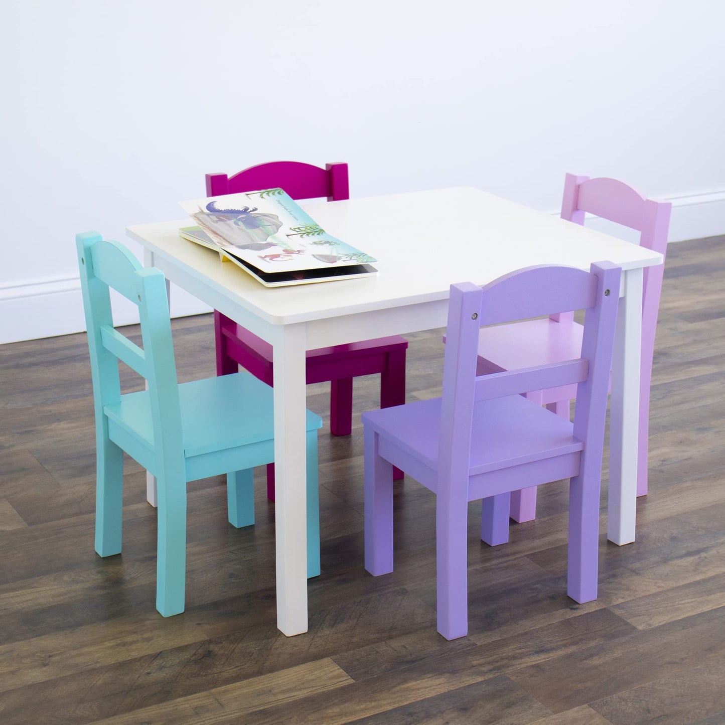 Humble Crew Kids Table and Chair Set, Toddler Activity Table with 4 Chairs for Play, Crafts, Snacks & Learning, Wooden Kids Furniture for Playroom & Bedroom, White/Pink/Purple/Aqua