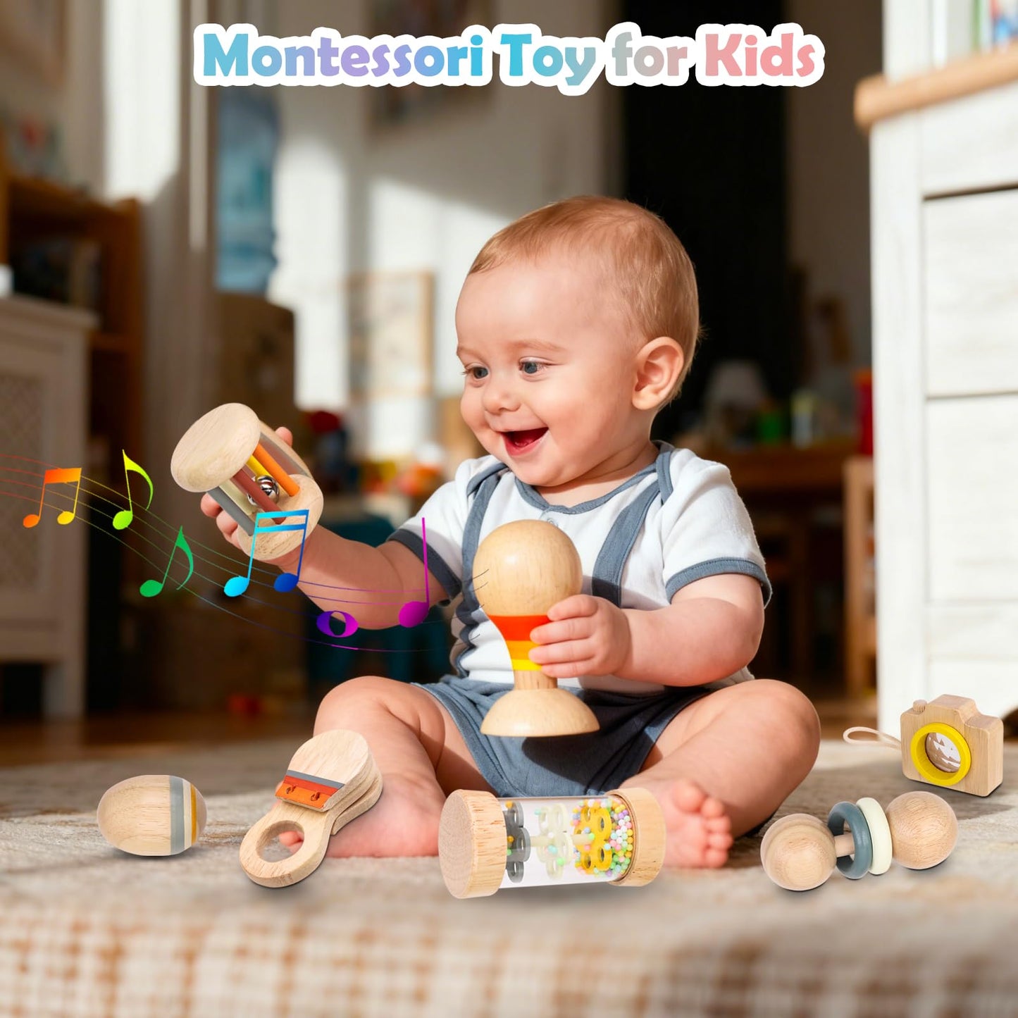 Montessori Wooden Baby Toys 7-in-1 Sensory Set for Babies 0–12 Months, Rain Sound Tube & Rattle Roller, Sensory Musical Gift for Baby Boys and Girls with Storage Bag