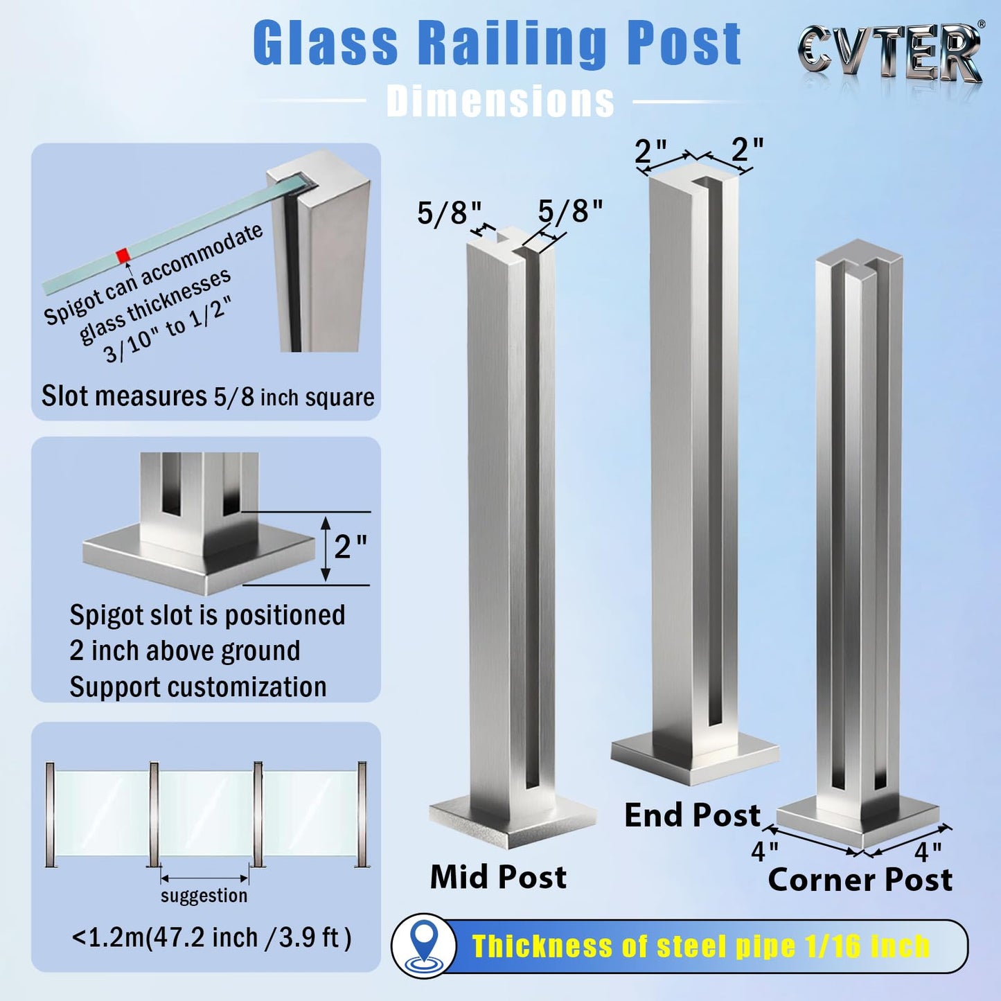 Cvter Glass Railing Post, No-Punch Heavy-Duty Glass Railing with Spigot Slots & Base, 304 Stainless Steel Clamp Bracket for Deck Balusters, Balcony, Patio, Stairs, Silver 24in Corner Post