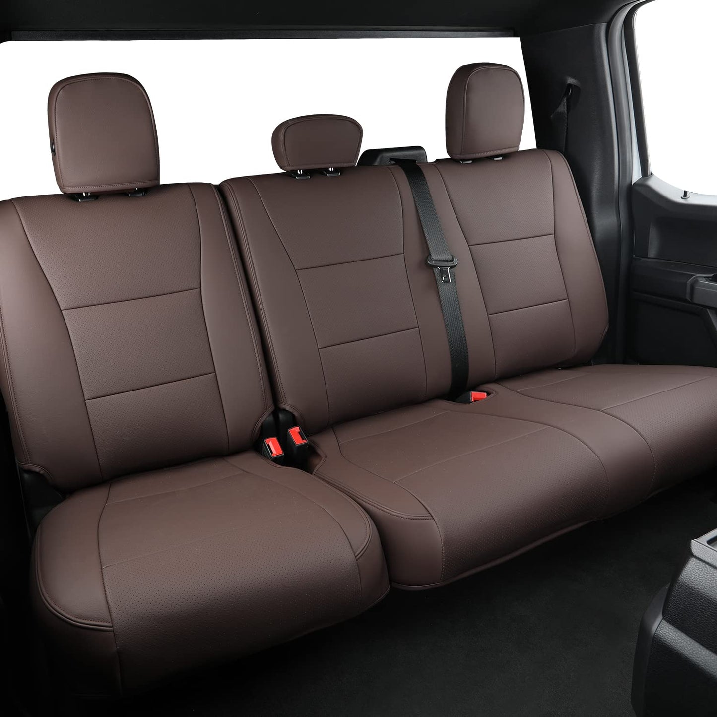 Covertopia F150 Faux Leather Seat Covers, Custom fit 2015-2024 2025 Ford F150 SuperCrew, and 2017-2024 2025 F250 F350 F450 Super Duty Crew Cab(Full Set, Brown)