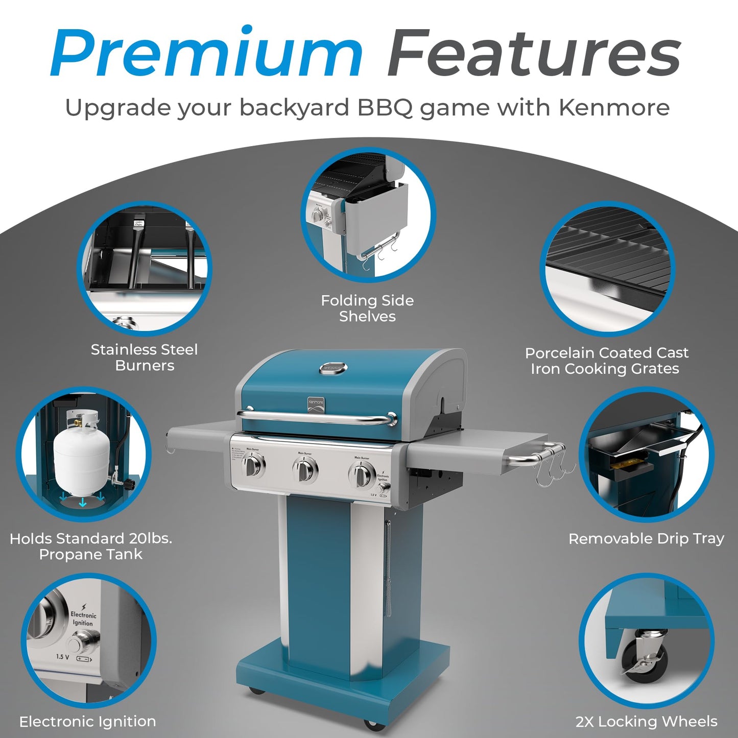Kenmore 3-Burner Propane BBQ Grill, 30,000 BTUs Gas Grill with Cast Iron Cooking Grates, Folding Side Tables & Wheels, Outdoor Grill with Tool Hooks, Teal
