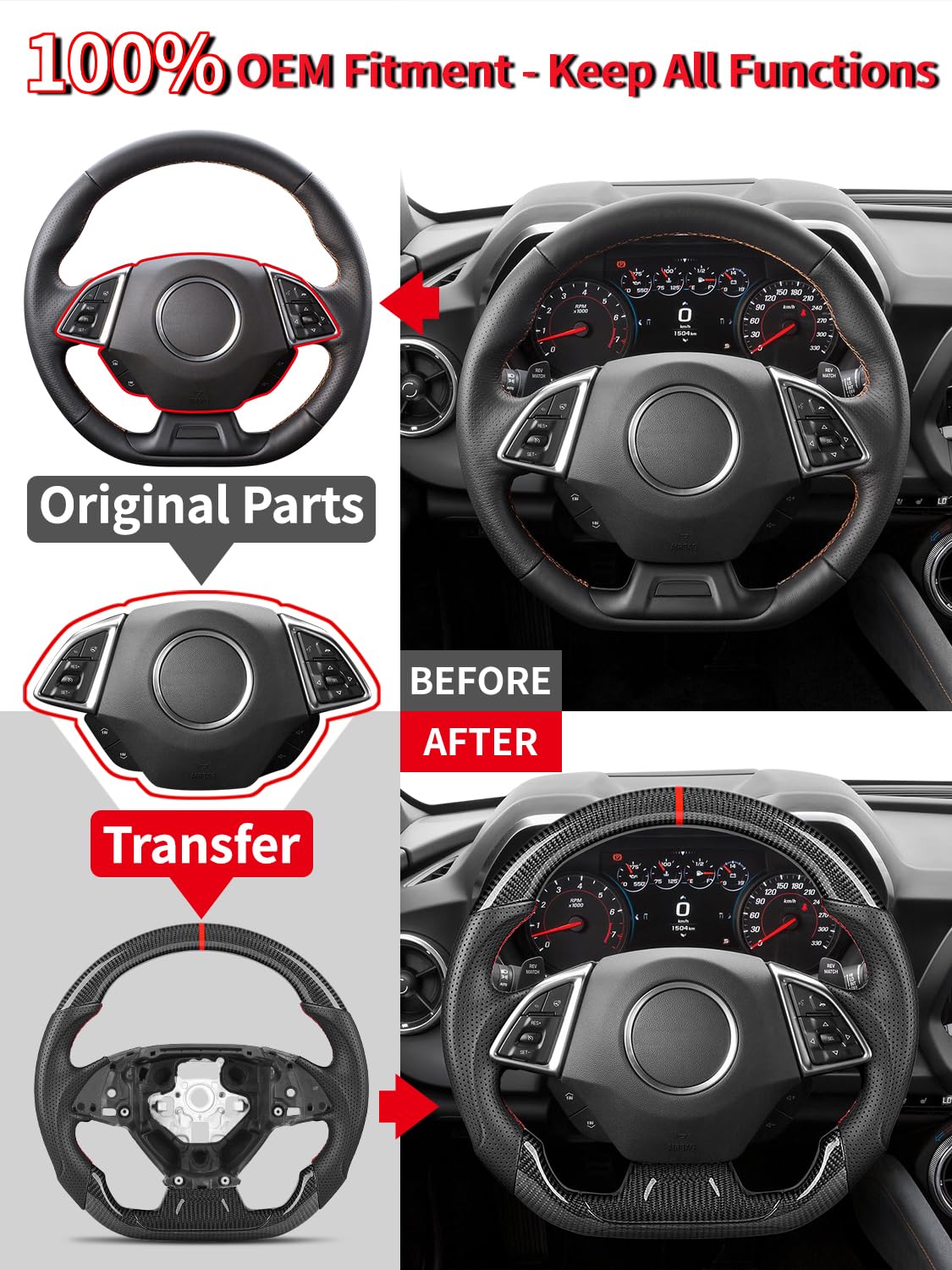 Real Carbon Fiber Steering Wheel for Chevy Camaro 2016-2026, Track Style D-Shape Flat Bottom Non-Slip Perforated Leather Grip, Replacement Interior Upgrade, for SS ZL1 LT RS LS LT