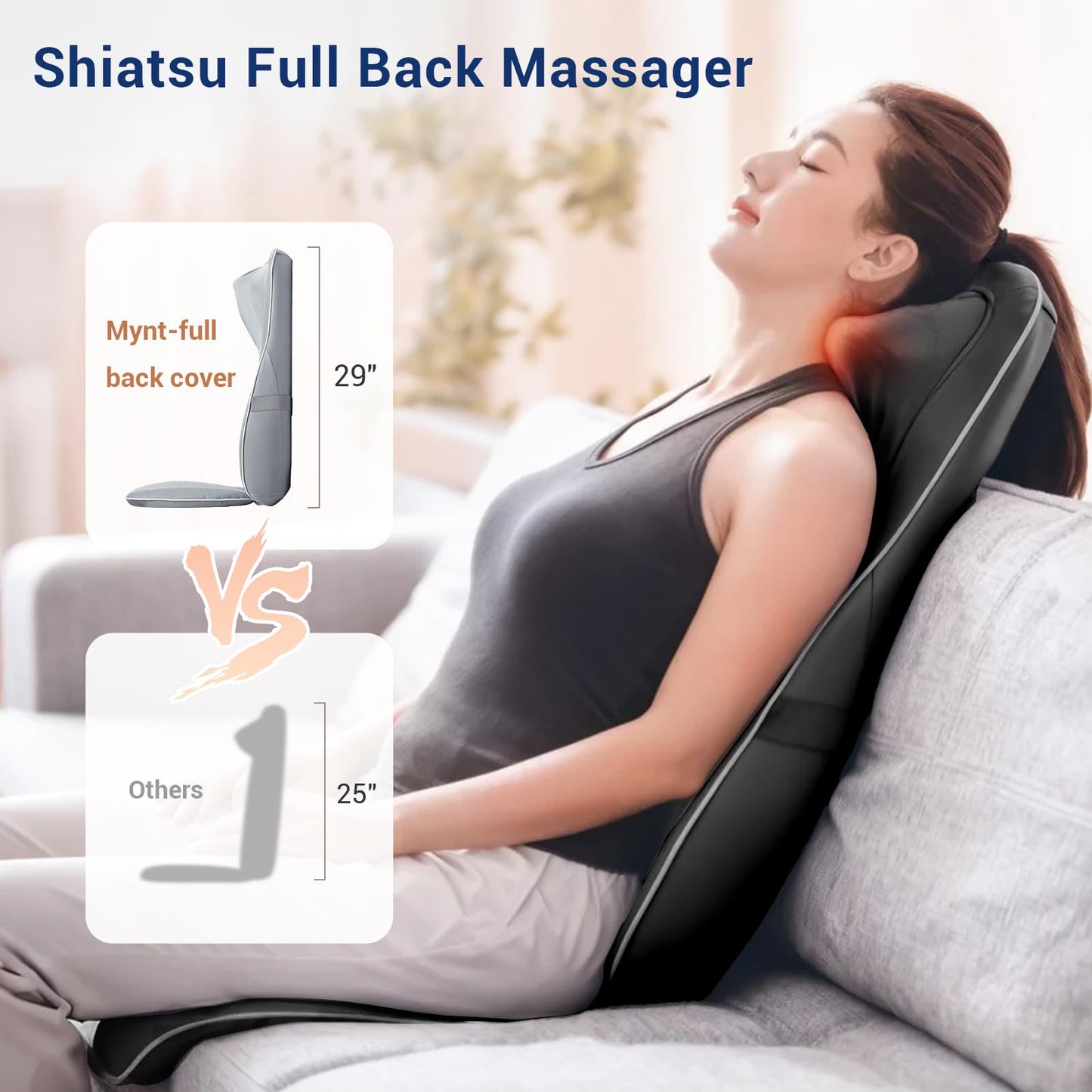 Mynt Shiatsu Neck and Back Massager with Heat, 3D Kneading Full Back Massager for Pain Relief Deep Tissue, Foldable Adjustable Chair Massager for Home Office, Gifts for Mom Dad, Black