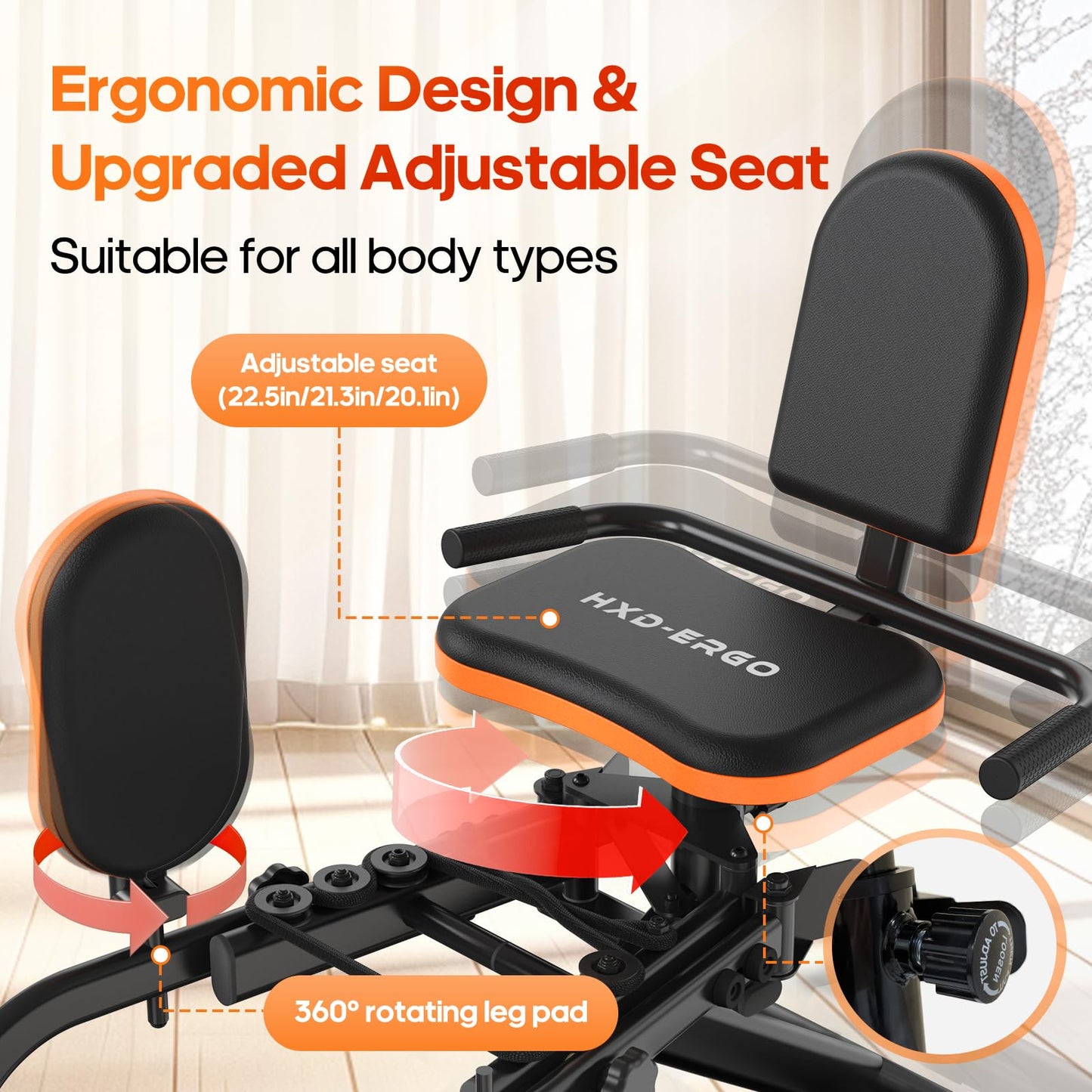 HXD-ERGO Hip Abductor/Adduction Machine for Home Gym, 6-Level Glute Machine & Thigh Workout Equipment, Booty Builder with Plush Padding, Compact Leg Exercise Euipment for Women & Men (Orange)