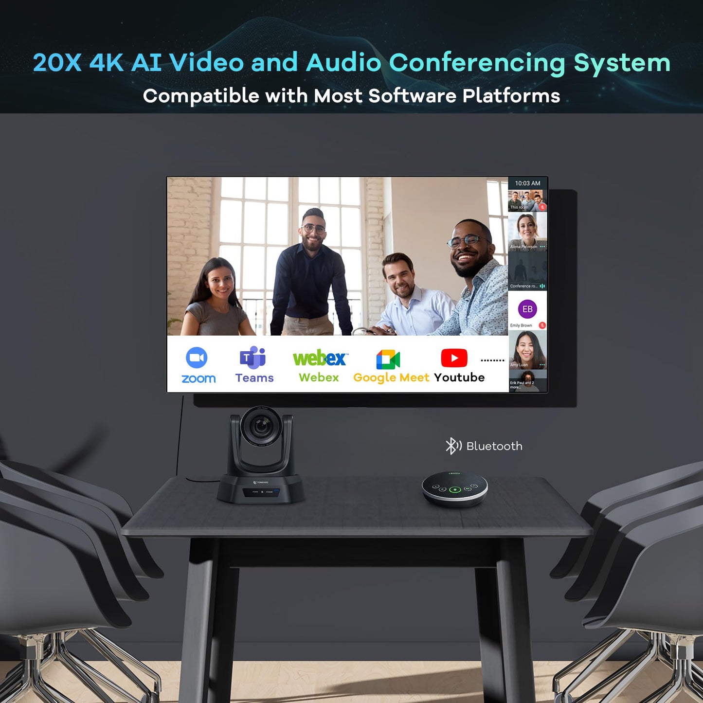 TONGVEO 4K AI Auto Tracking PTZ Conference Camera System with Bluetooth Speakerphone & Microphone, 20X Optical Zoom, USB3.0 HDMI LAN PoE Power Camera for Church Worship, Meetings, Streaming