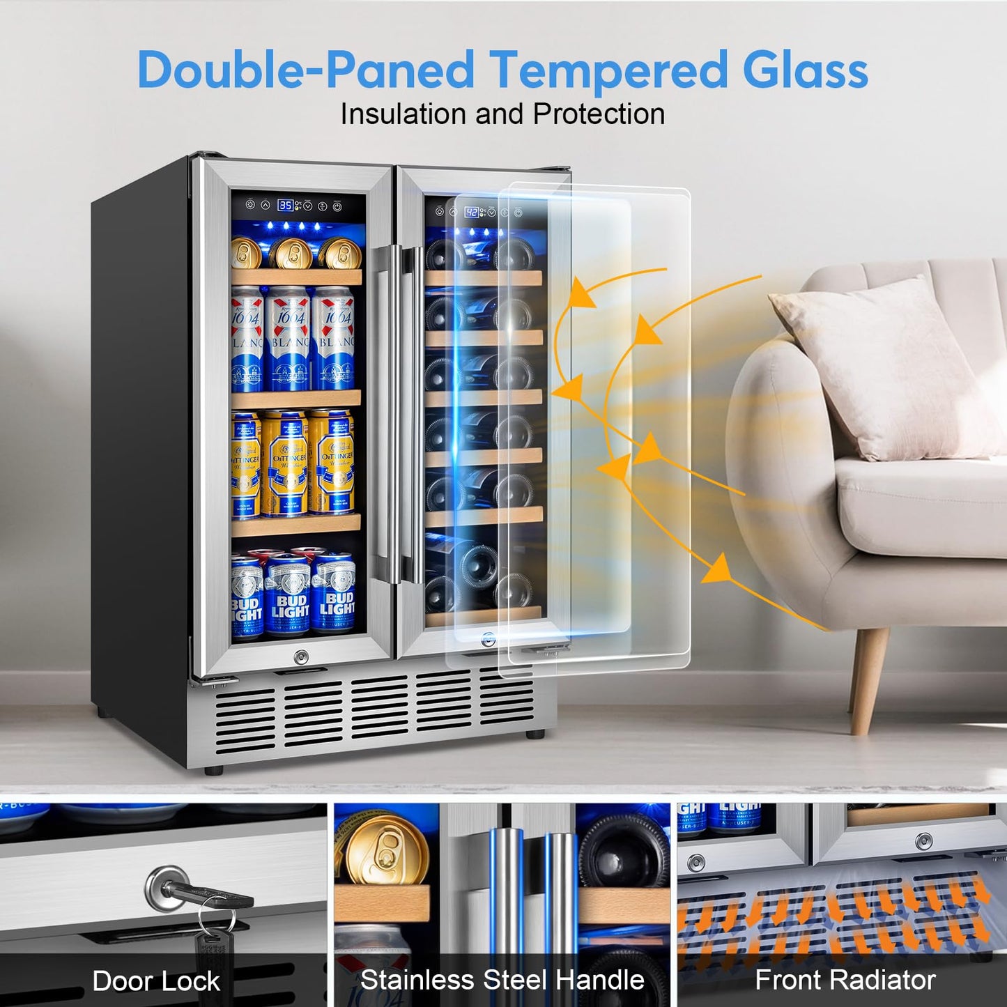 FoMup Wine and Beverage Refrigerator with Glass Door, 24-Inch Dual Zone Wine Fridge Under Counter - 18 Bottle and 88 Can Large Capacity Led Blue Light Smart Fast Cooling Wine Cooler