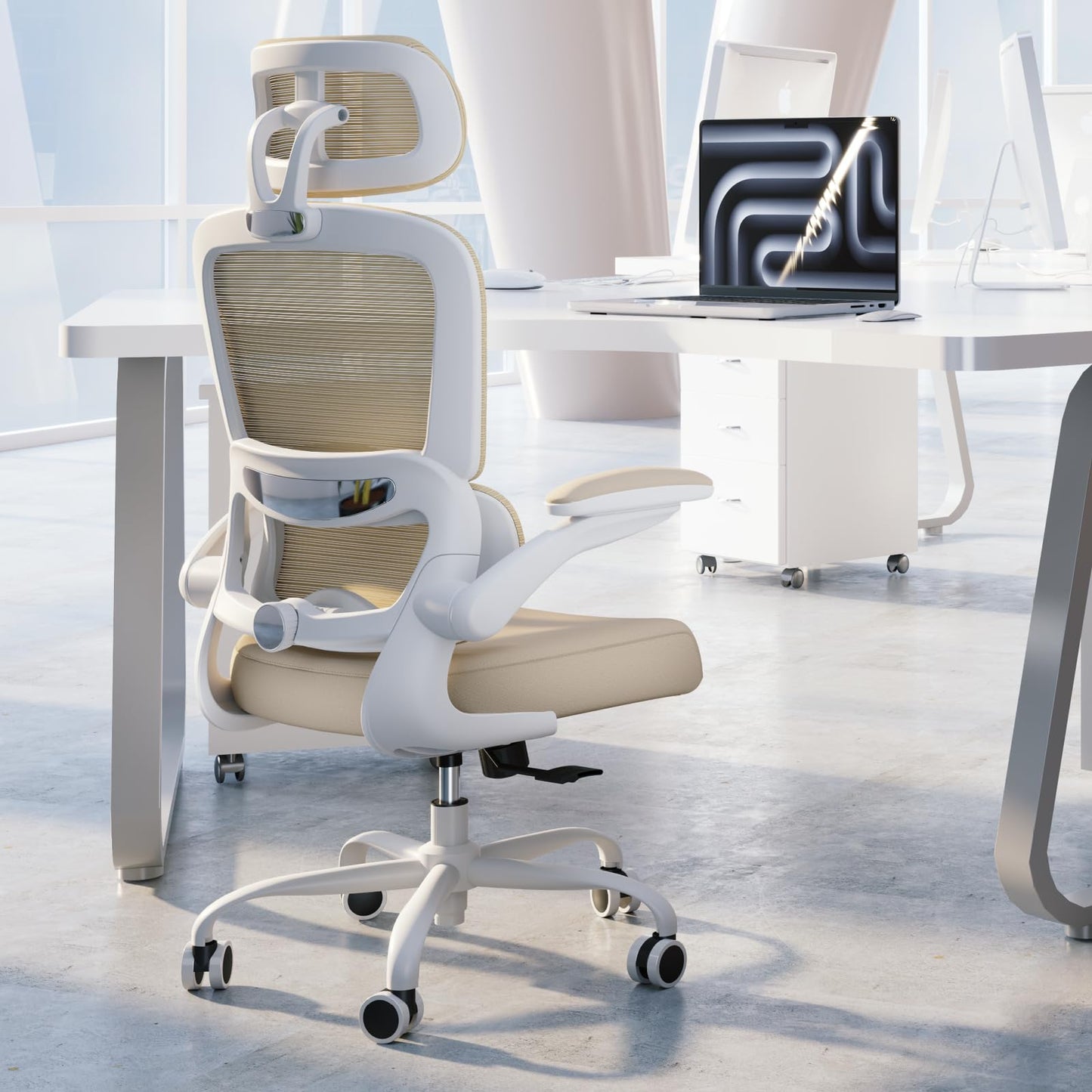 TRALT Office Chair Ergonomic Desk Chair, 330 LBS Home Mesh Office Desk Chairs with Wheels, Comfortable Gaming Chair, High Back Office Chair for Long Hours (Beige)