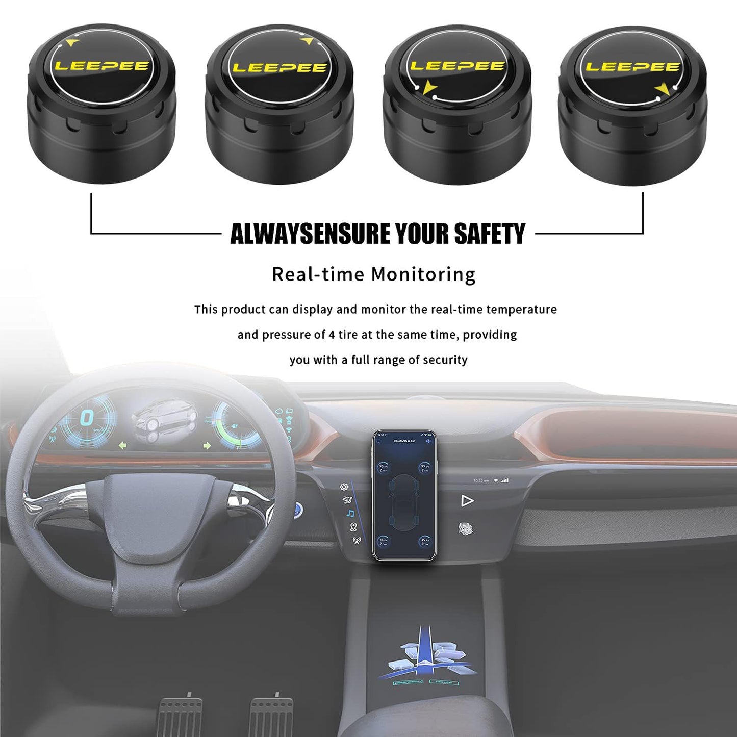 LEEPEE Tire Pressure Monitoring System, 5 Alarm Modes, with 4 External Sensors TPMS, Support iOS and Android, Real-time Displays Pressure and Temperature (0.1-6.4Bar)