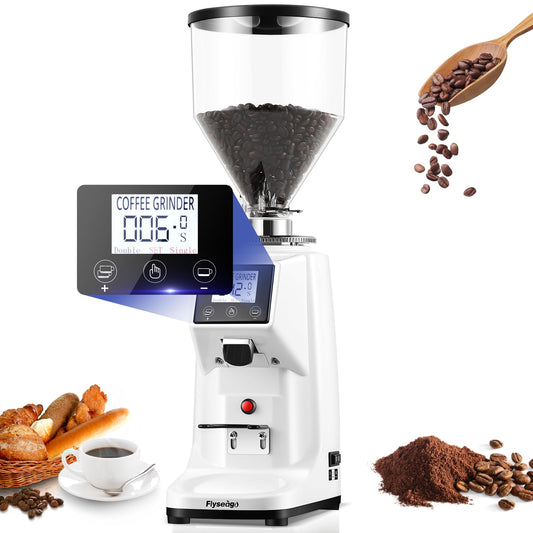 Flyseago Coffee Grinder with Flat Burr, 19 Grind Settings and Digital Timer Display, Commercial Coffee Grinder with Large 35oz Hopper