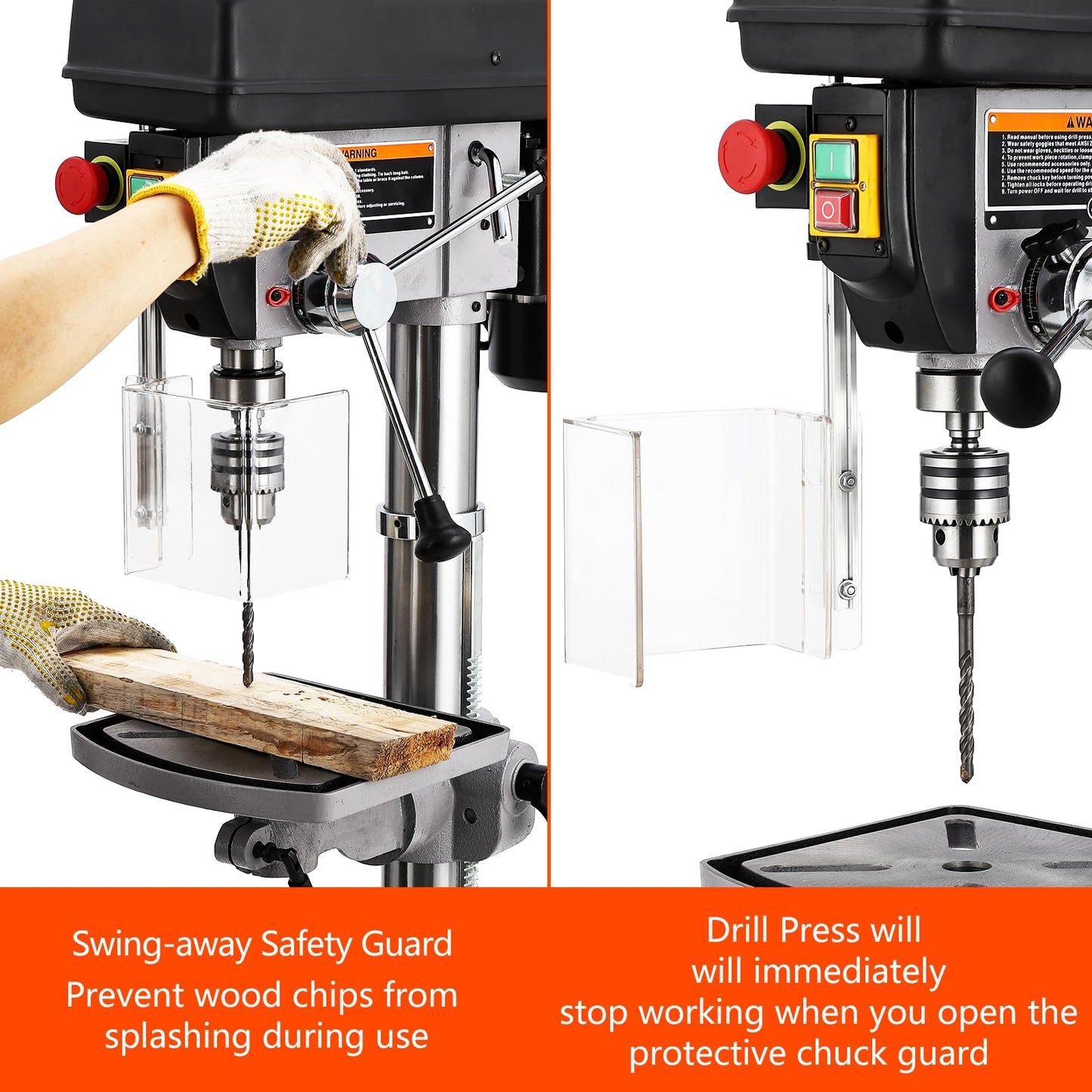13 in Floor Drill Press, 7.5 Amp 120V Pure Copper Motor with Swing-away Safety Guard, 288-3084 RPM Variable Speed, 0-45°Tilting Worktable, Tabletop Drilling Machine for Wood Metal