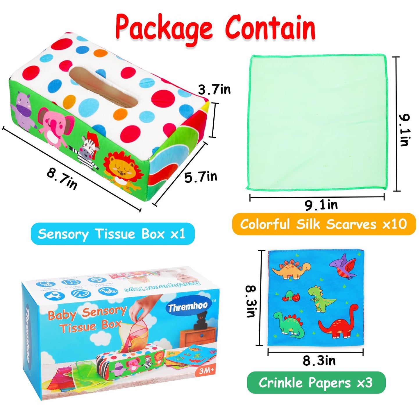 Thremhoo Baby Toys 3 4 5 6 7 8 9 12 Month Old Montessori Tissue Box Toys for Babies Infants 0-6 6-12 Months Sensory Educational Crinkle Toy Developmental Gift for 1 2 Year Old Boys Girls Toddlers