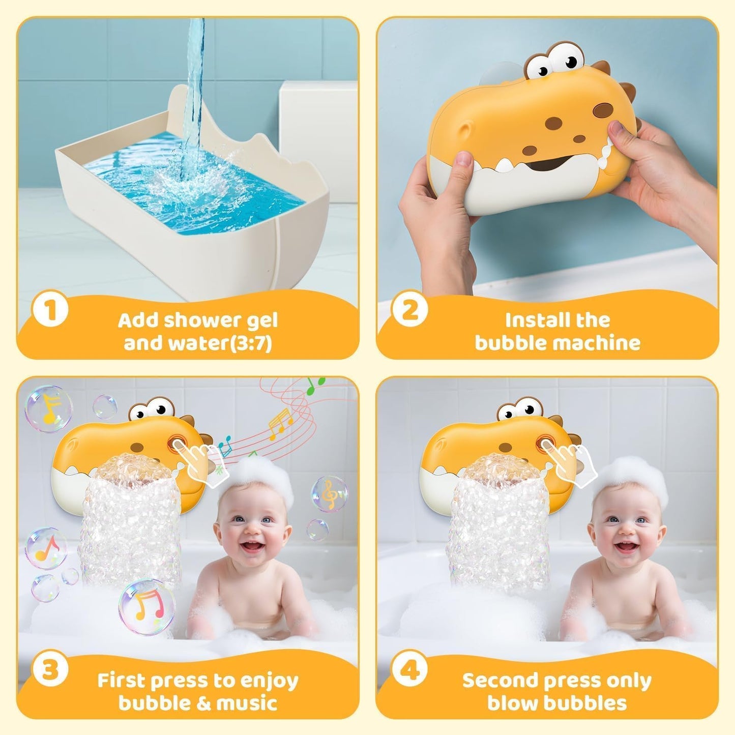 Baby Bath Toys, Rechargeable Dinosaur Bath Bubble Machine with Music, Bathtime Bathtub Toys for Toddlers Birthday Gifts, Bubble Maker Toys for Kids Ages 1-3 4-8 Baby Gifts (Yellow)