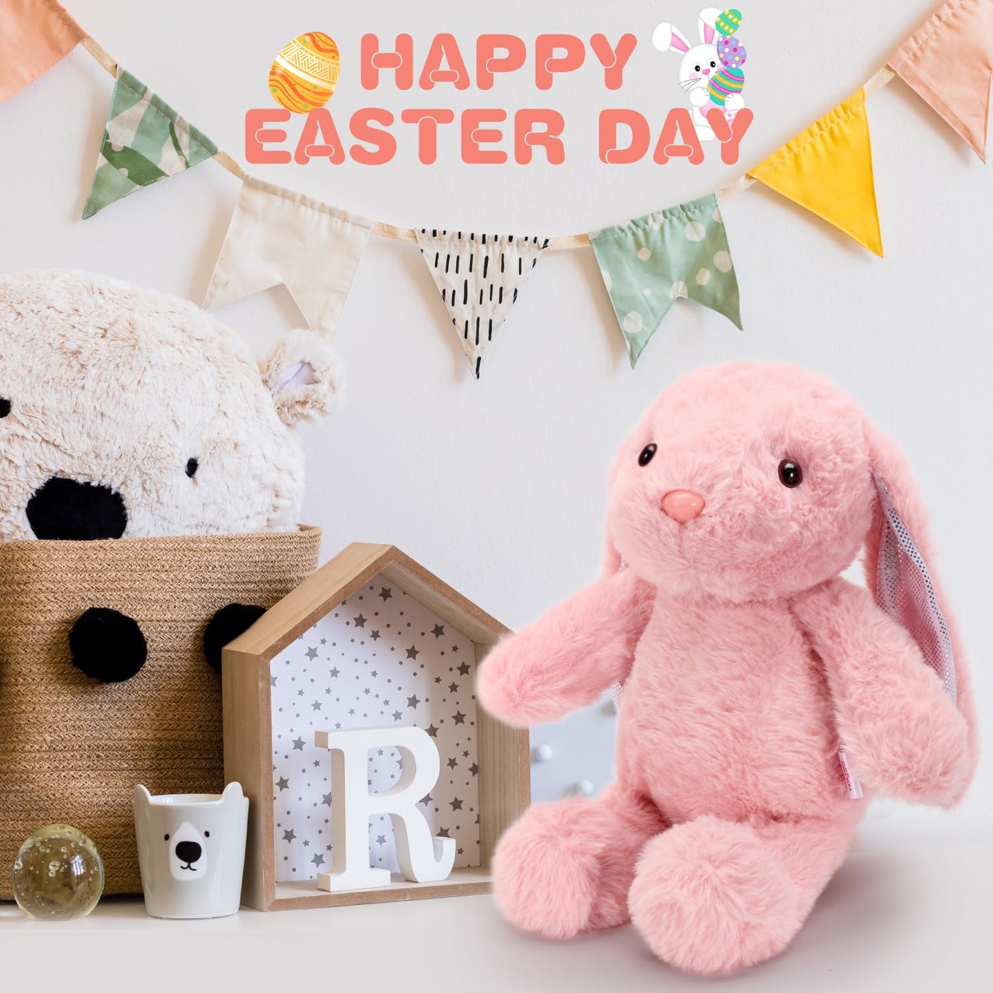 VANLINNY Easter Bunny Stuffed Animal, Pink Bunny Plush with Glitter Spot Long Ears, Huggable and Soft Rabbit Plush Toy, Easter Gifts for Kids, Xmas Birthday Gift for Boys, Girls and Toddlers