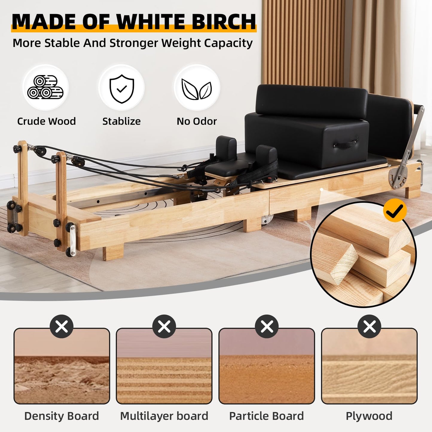 Foldable Wooden Pilates Reformer Machine - Oak Frame Home Studio Equipment with Jump Board, Sitting Box & 12 Adjustable Springs | Professional Grade Full Body Low-Impact Workout, 600 lbs Capacity