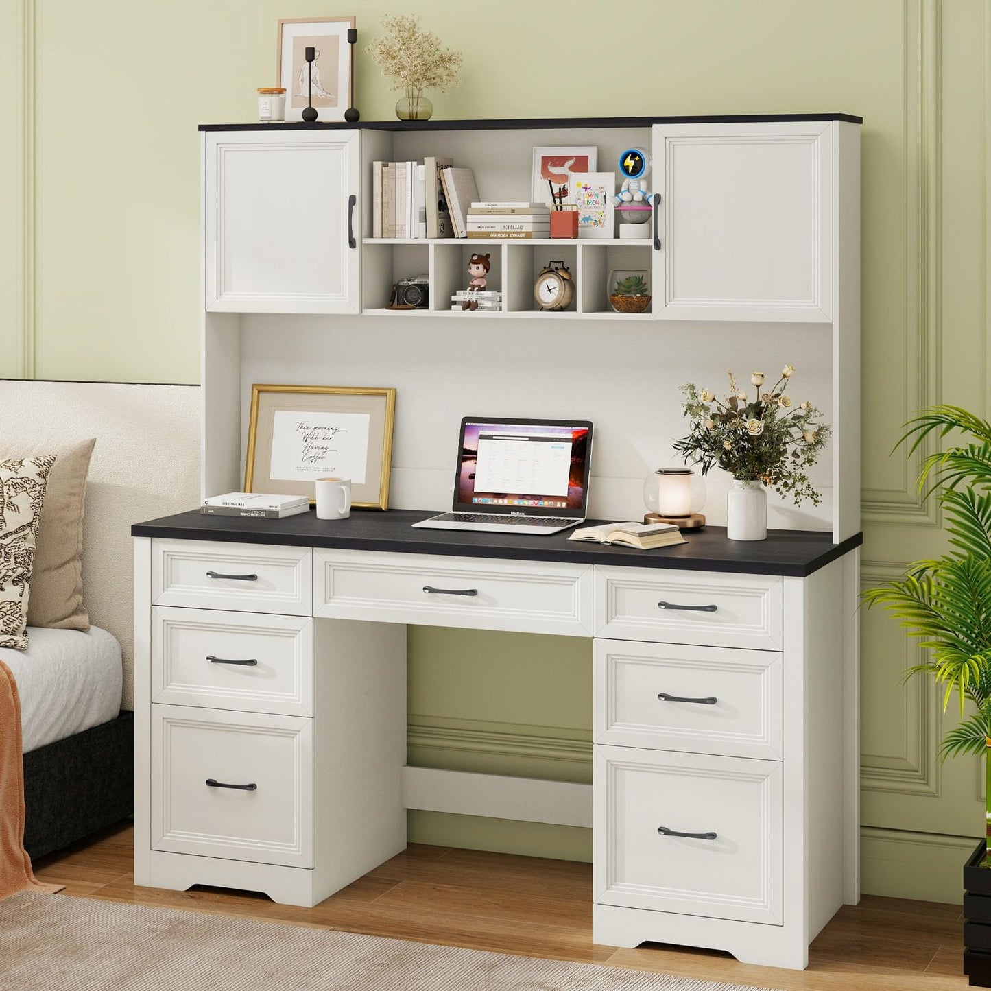 Vabches Farmhouse Executive Desk with 7 Drawers and Storage Cabinet, Rustic Large Home Writing Desk with Hutch, Workstation for Bedroom, Black