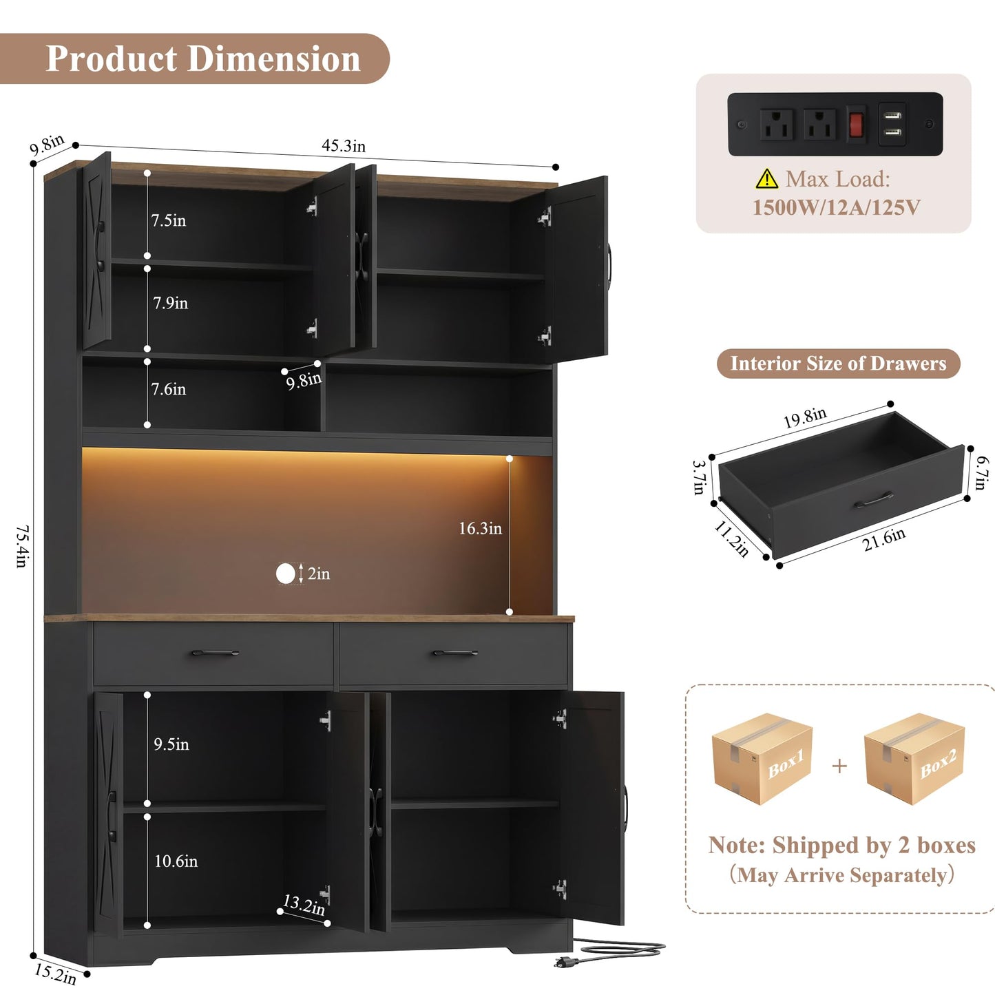 HOSTACK Modern Farmhouse Pantry Cabinet, 75" Tall Kitchen Pantry Storage Cabinet with Charging Station, RGB LED Light, Multi-Purpose Kitchen Storage Hutch Cabinets with Adjustable Shelves, Black