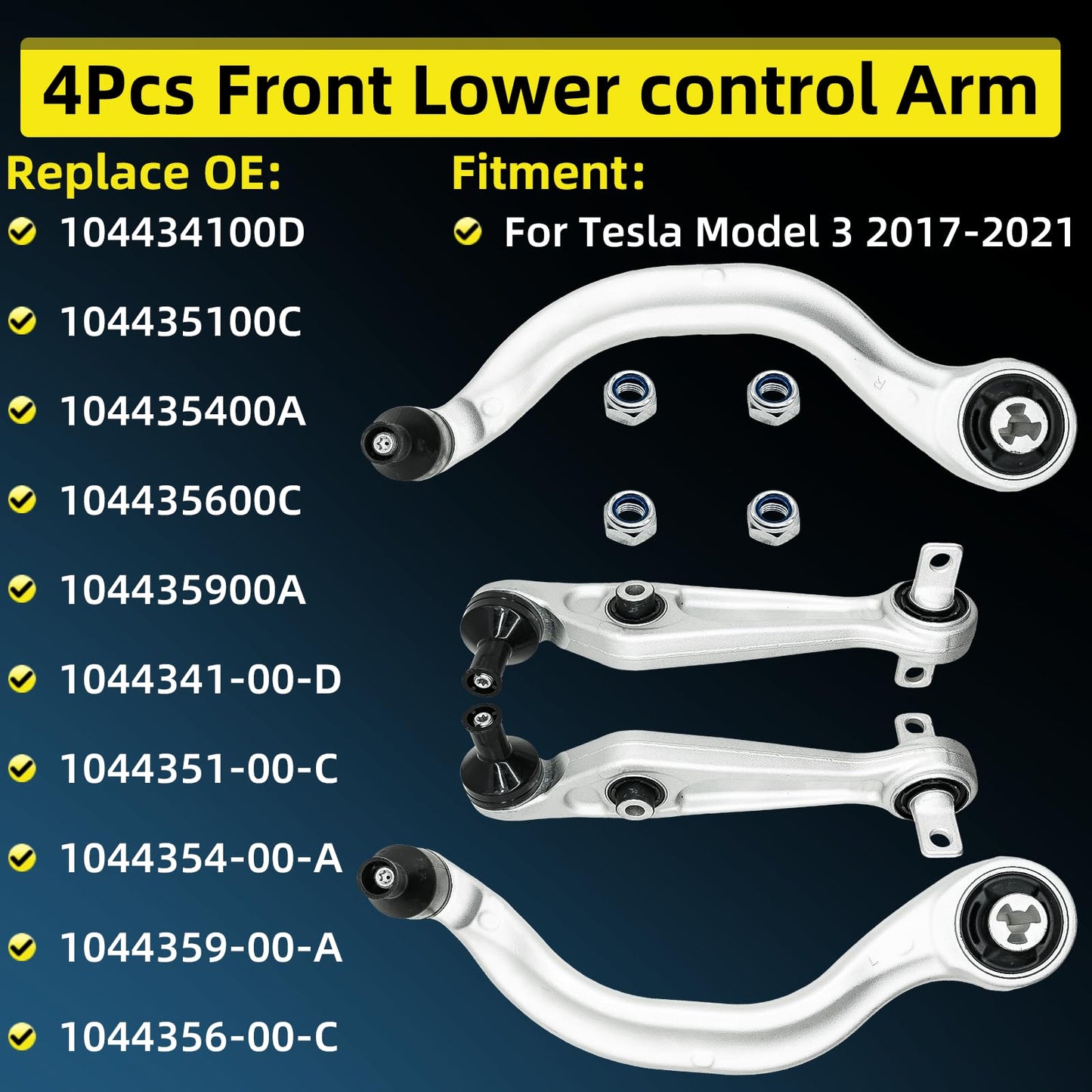 Front Lower Control Arm Fits for Tesla Model 3 2017-2021,Replacement for 104434100D 104435100C 104435400A 4Pcs with Ball Joint