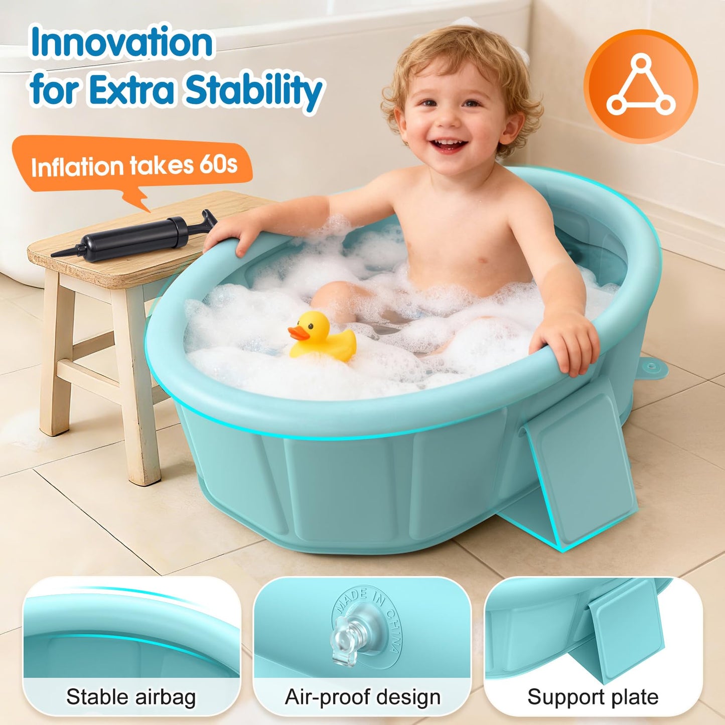 Baby Bathtub with Inflatable Top Edge, Extra Stable Infant Bath Tub, Collapsible & Portable for Baby Bath Time, No Tilt Design for 12M-6Y Toddler, No Assembly for Travel Shower