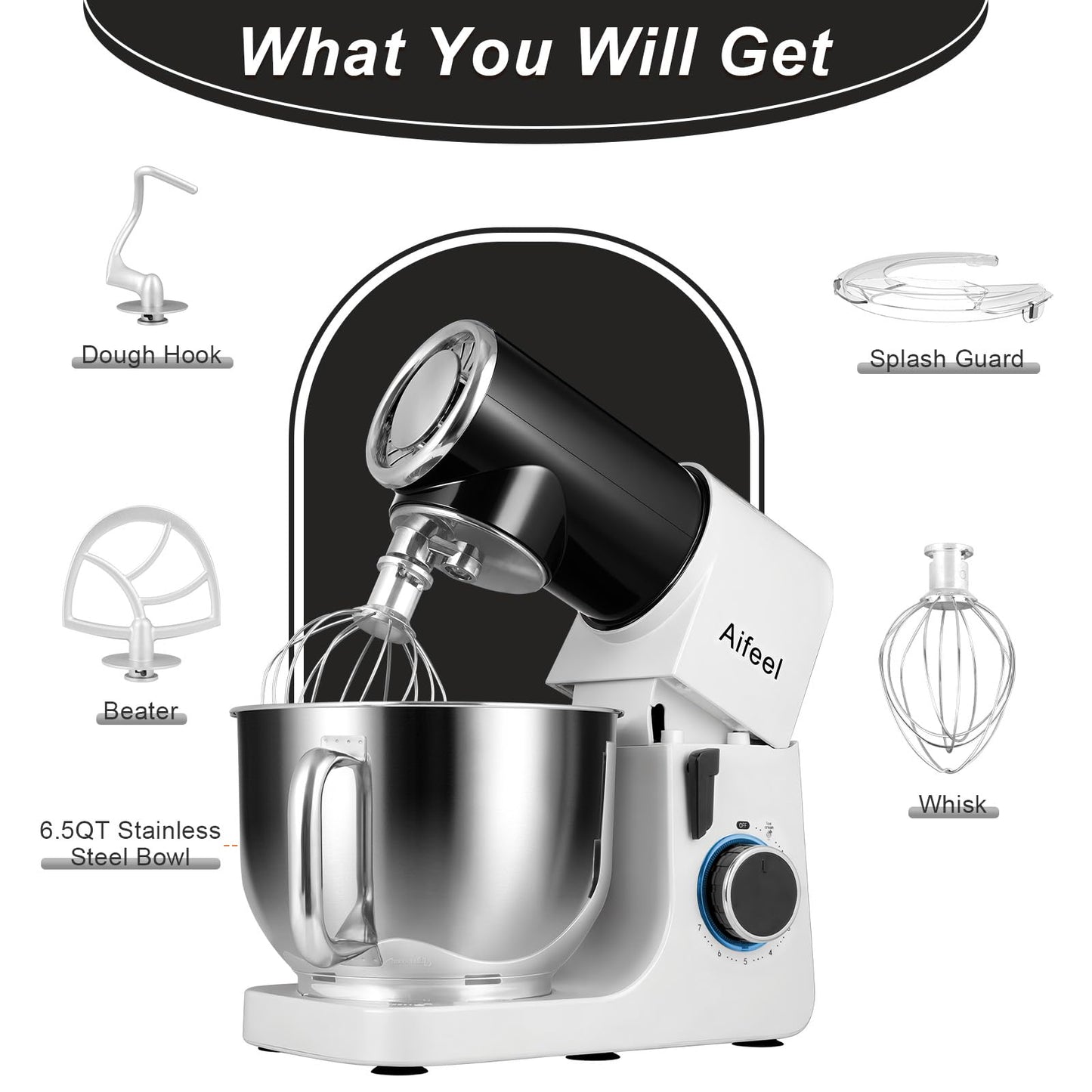 Aifeel Stand Mixer,6.5QT Tilt-Head Electric Stand Mixer,700W DC Motor with Low Noise,Kitchen Mixer with Dough Hook,Beater,Whisk,Dishwasher-Safe Attachments for Baking (Black)