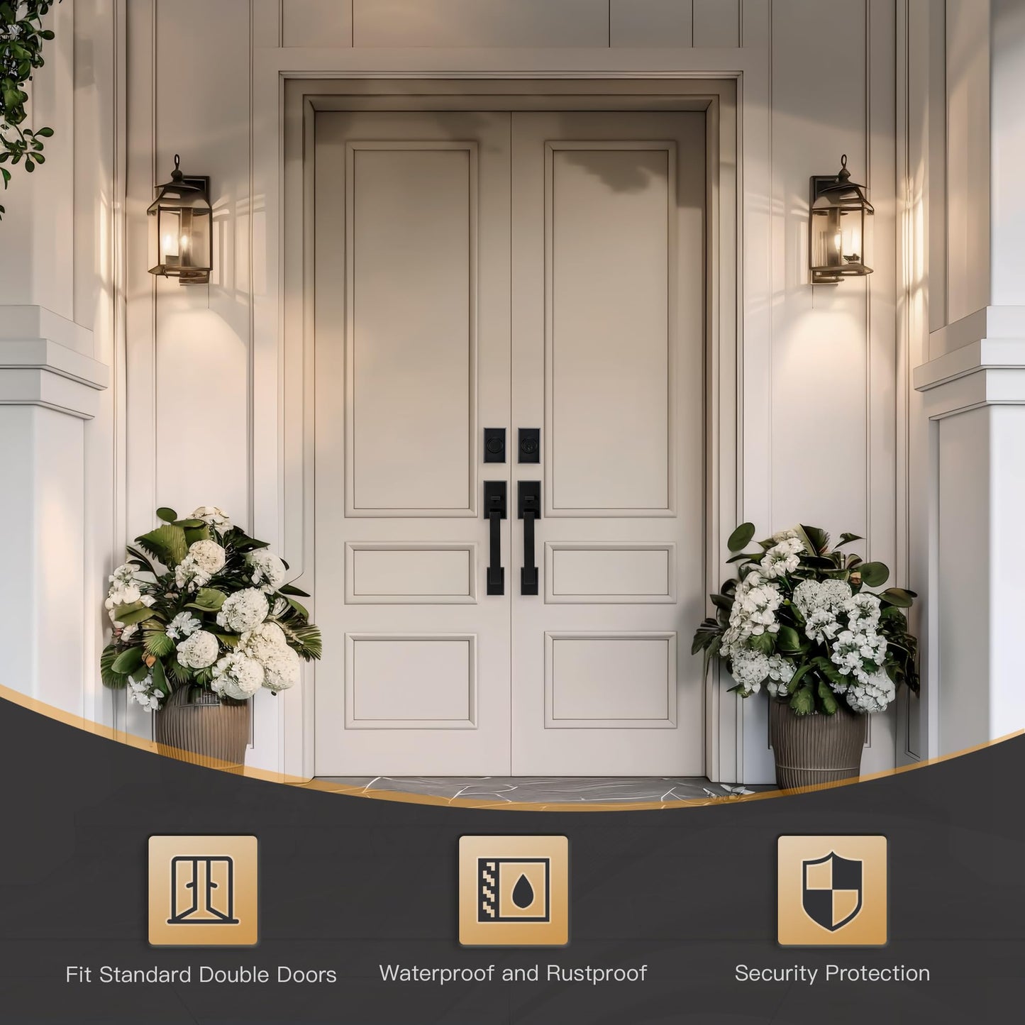 Gaurqiah Double Front Door Lock Set, Square Heavy Duty Double Door Handle with Dummy, Entry Handleset with Deadbolt Combo, Double Door Lock Set for Front or Office Doors, Matte Black