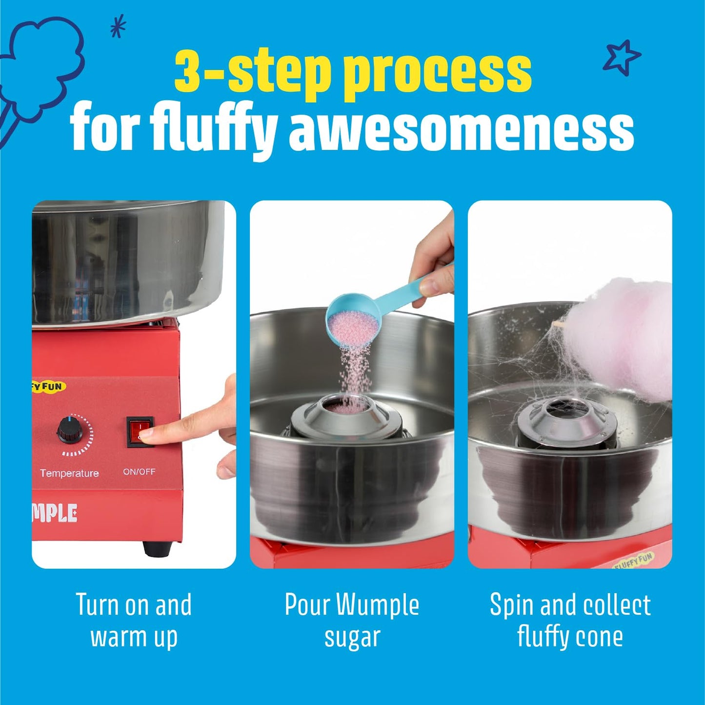 Wumple - Cotton Candy Machine Pro, Quick Heat-Up, Electric Machine with Large Stainless Steel Bowl for Parties & Business (Red)