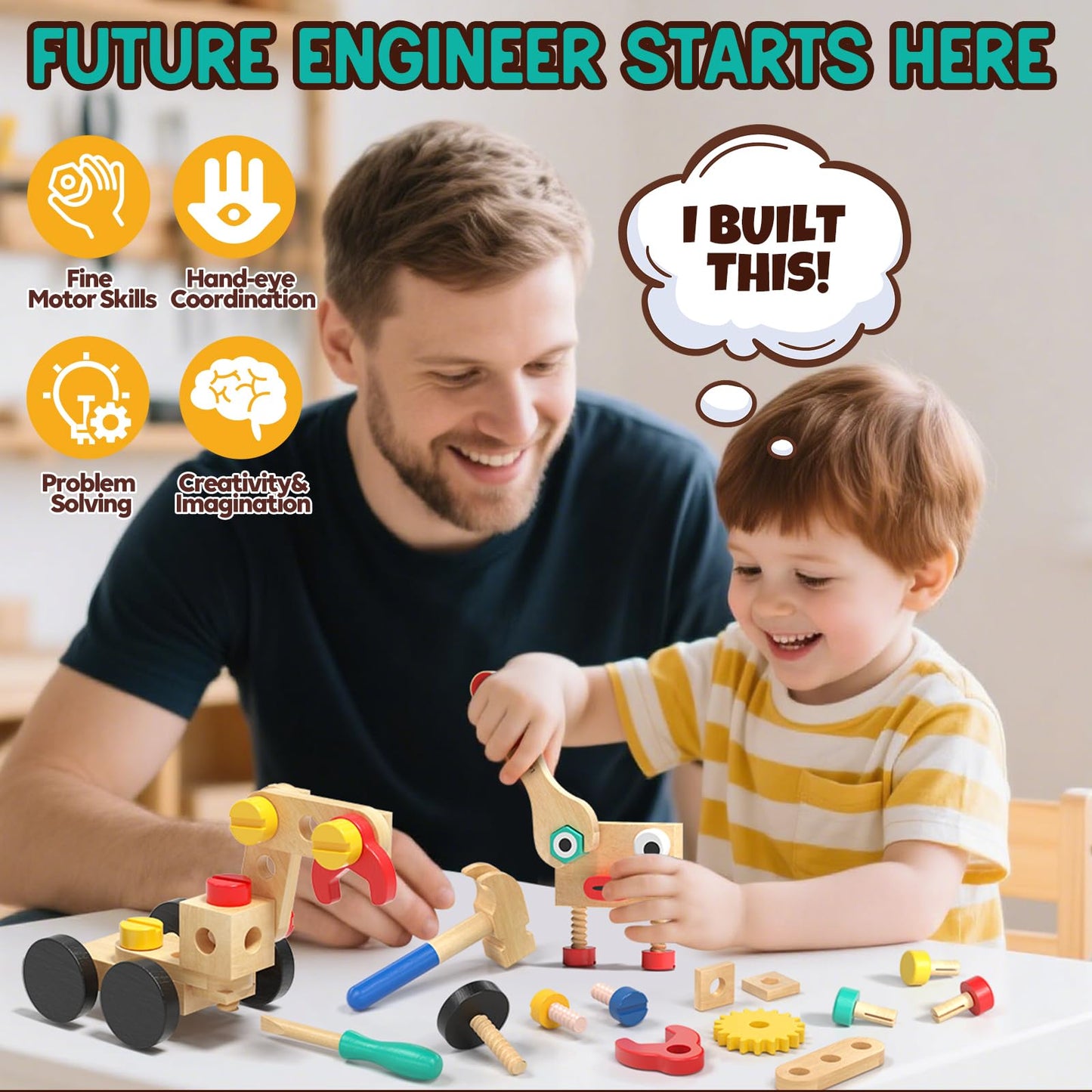 Lehoo Castle Kids Tool Set, Wooden Mini Toddler Tool Bench with Blackboard, Robot Construction Toys with Hammer Wrench Screwdriver, STEM Learning Toys for Age 3-5, Birthday Gift for Boys & Girls