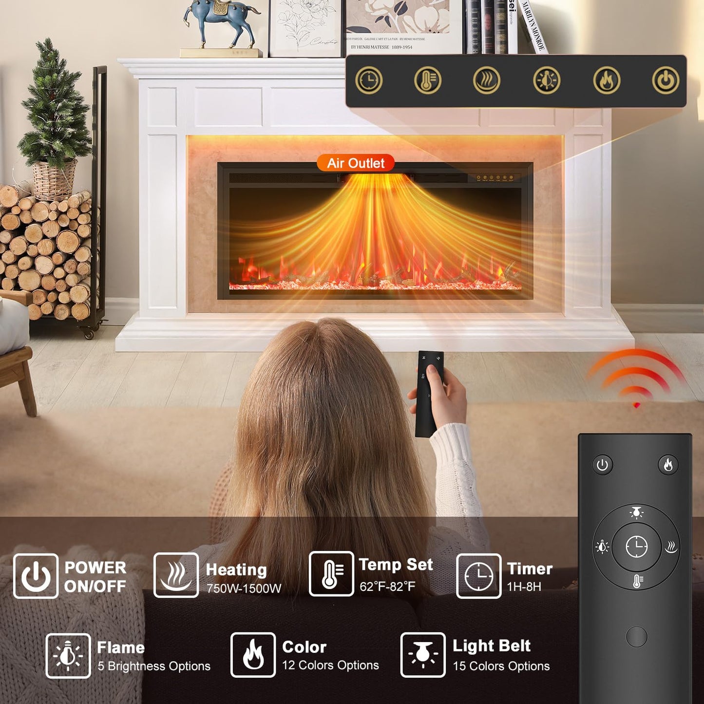 Electric Fireplace Mantel with Grey Marble Finish, 69” Fireplace TV Stand with 42”Electric Fireplace Heater, Remote Control, Adjustable Led Flame, Corner Fireplace for Living Room, Bedroom, White