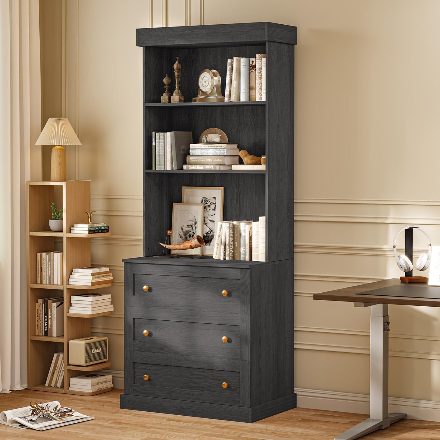 Vyre 71" Farmhouse Pantry Cabinet Set of 3, Large Storage Hutch with Glass Doors, Drawers and Adjustable Shelves, Freestanding Coffee Bar with Microwave Stand for Kitchen or Living Room, Black