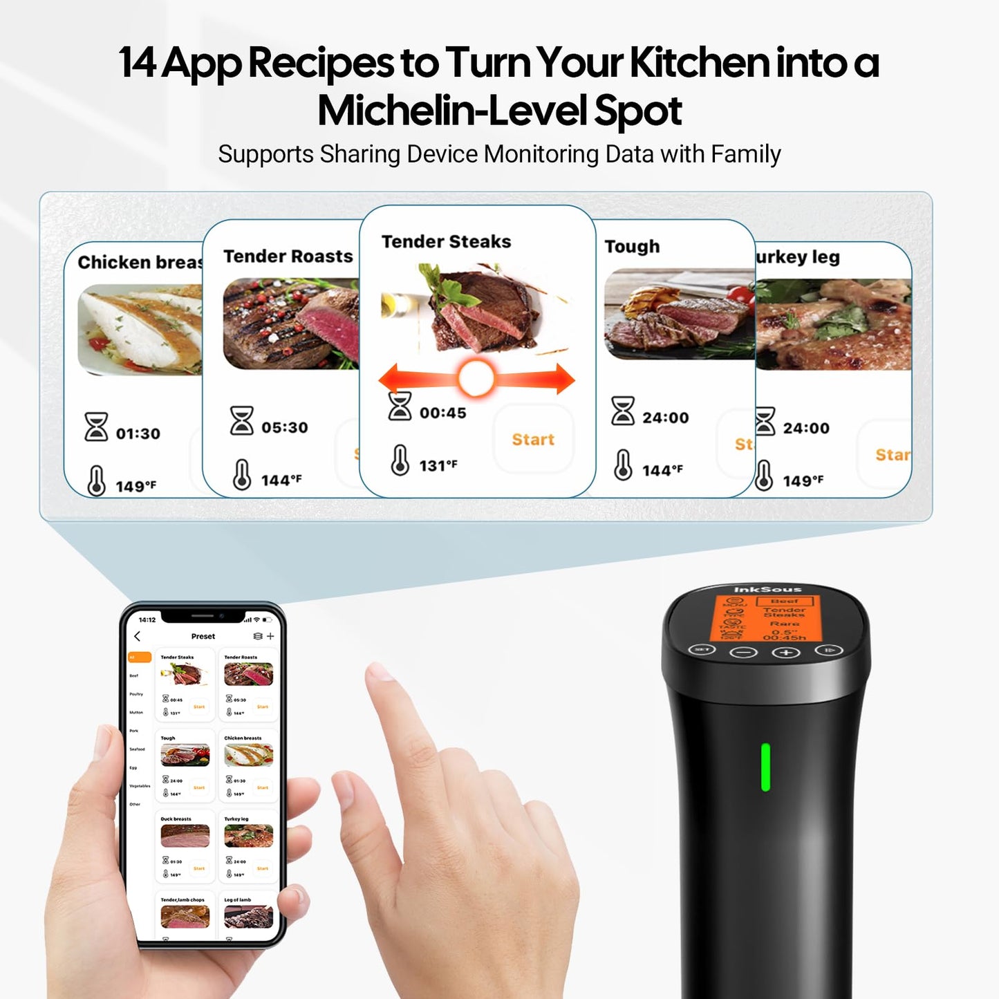 WiFi 2.4G Sous Vide Cooker 1000W,Sous Vide Machine Ultra-Quiet & 3D Fast Heating, App Control, Timer, Precise Calibration & 14 Recipes