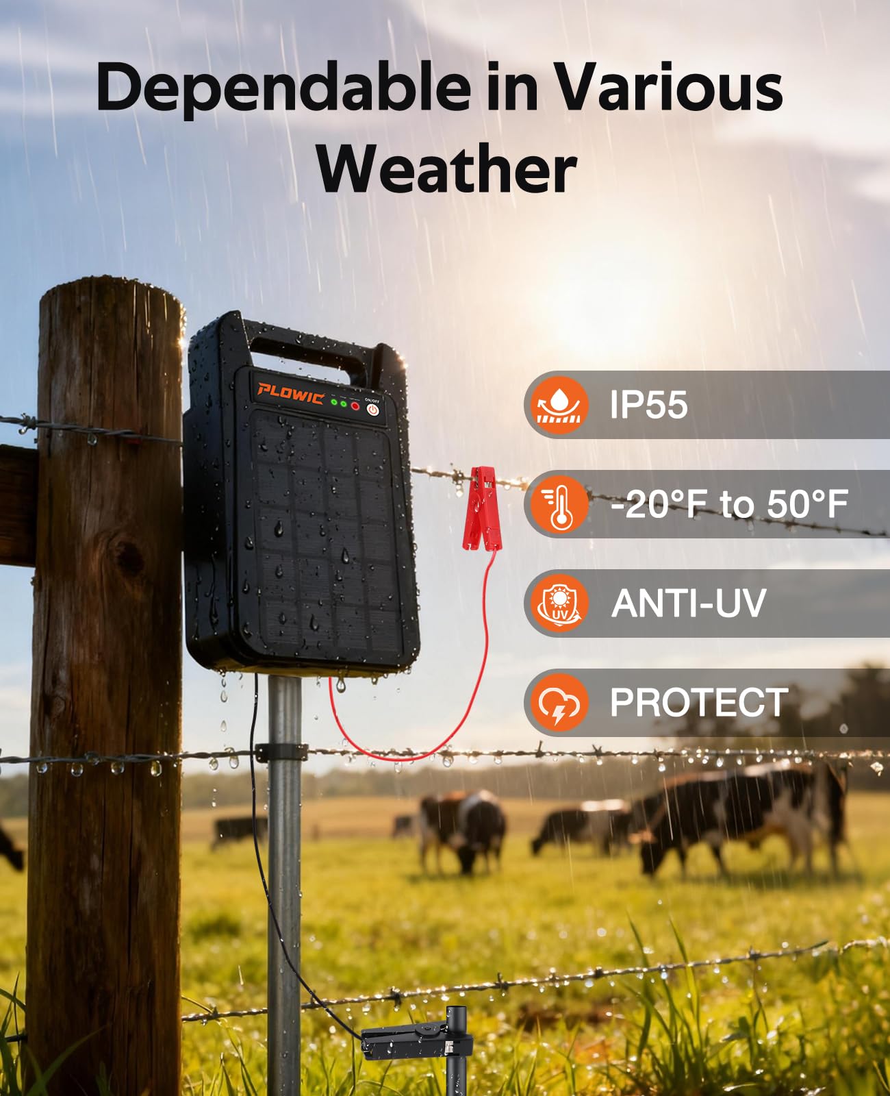 10 Miles Solar Electric Fence Charger: 0.20J Portable Energizer with Rechargeable Solar Panel for Livestock, Predator Protection, Solar Fence Charger with Day or Night Mode, Easy Installation