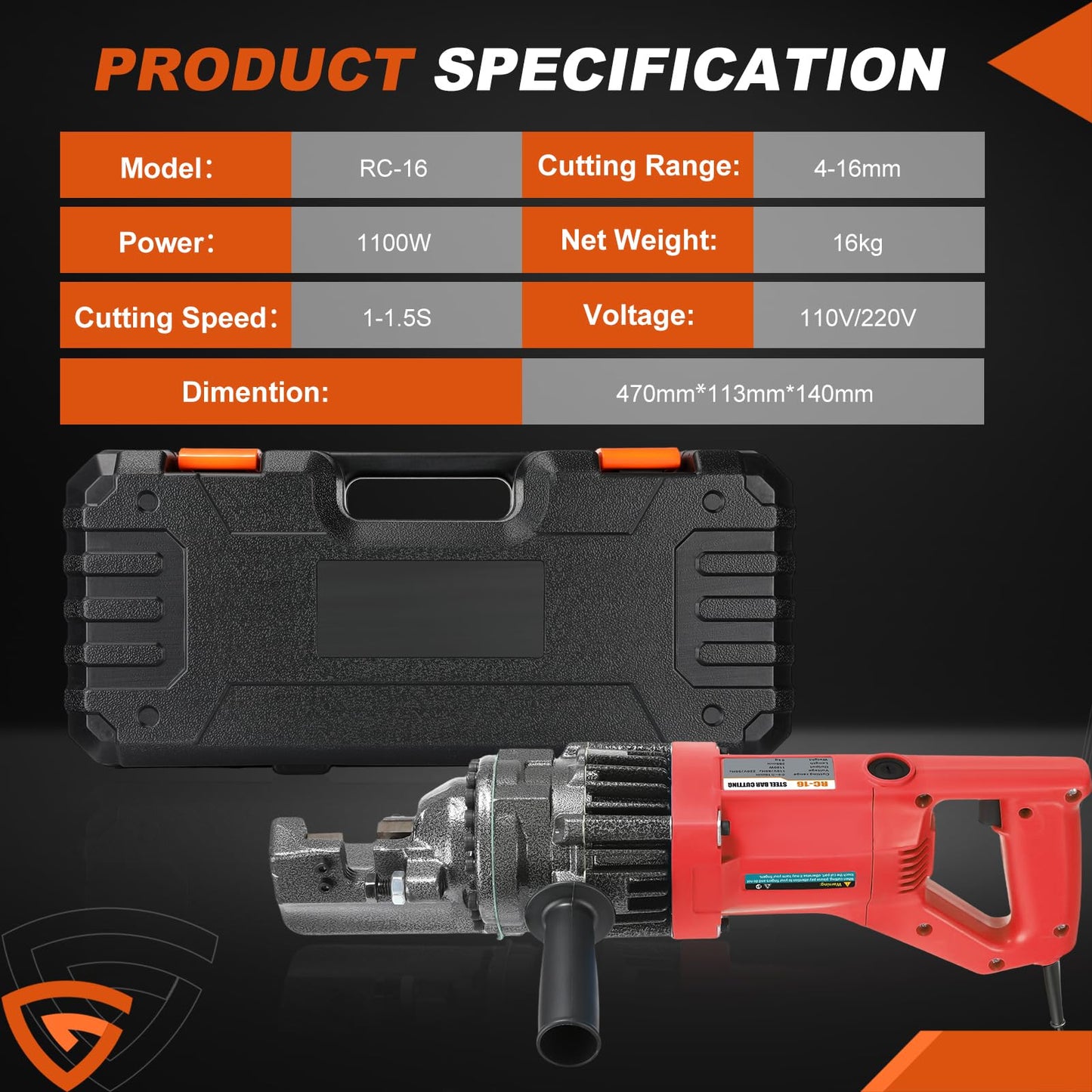 5/8 Inch Electric Hydraulic Rebar Cutter, 1100W Portable Handle Rebar Cutter, Cutting up to 4-16mm #5 Rebar within 1.5 Seconds, High Power Steel Rebar Cutter Accessories,RC-16 (Black + Red)