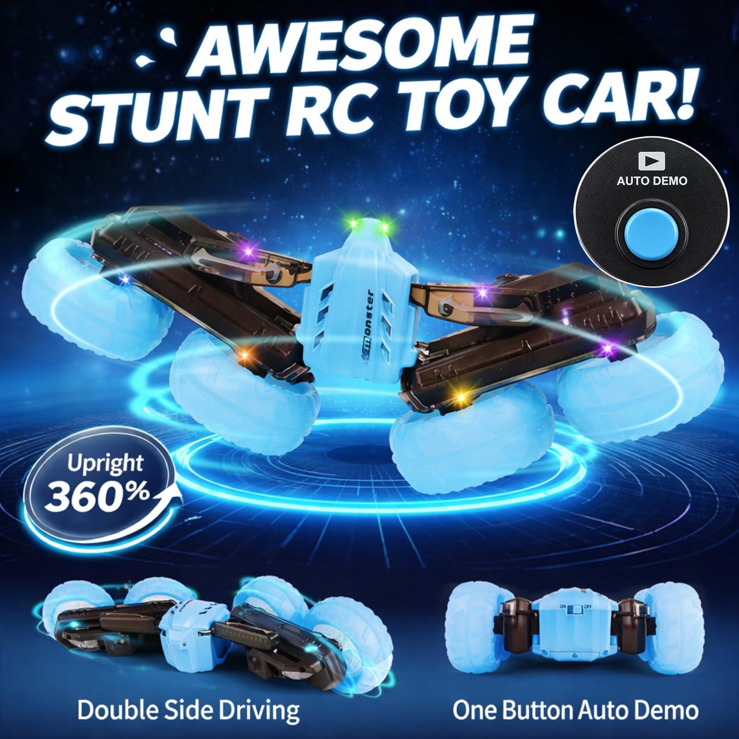 Titrot Remote Control Car for Kids, 360° Rotating Stunt Car, Double-Sided Driving, 2.4GHz RC Car, Rechargeable All-Terrain Toy, LED Glowing Wheels with Projection, for Boys & Girls Ages 4-8