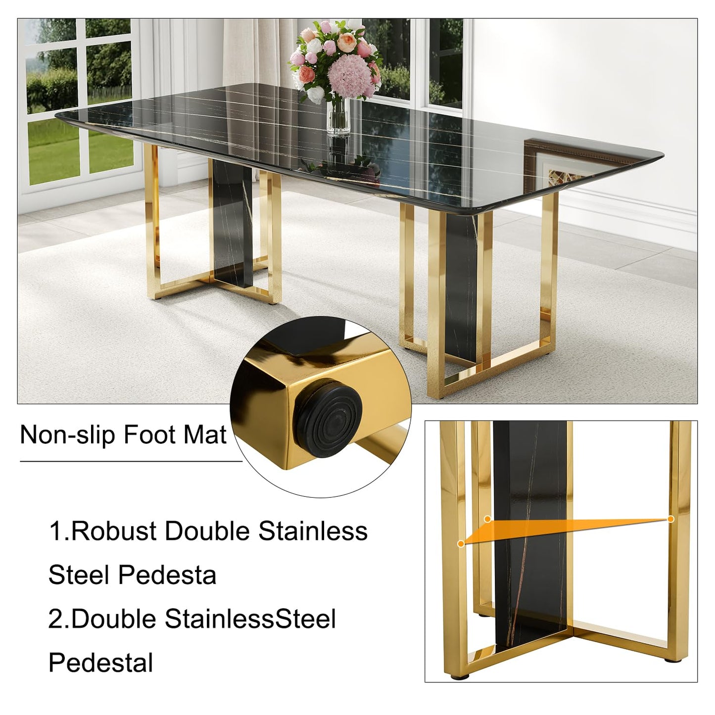 hohoedc 79'' Modern Dining Table Set for 8, Black Kitchen Table with 1.8" Thick Faux Marble Top & 8 PU Leather Chairs, Luxury Dining Room Furniture Set for Kitchen/Dinner Room
