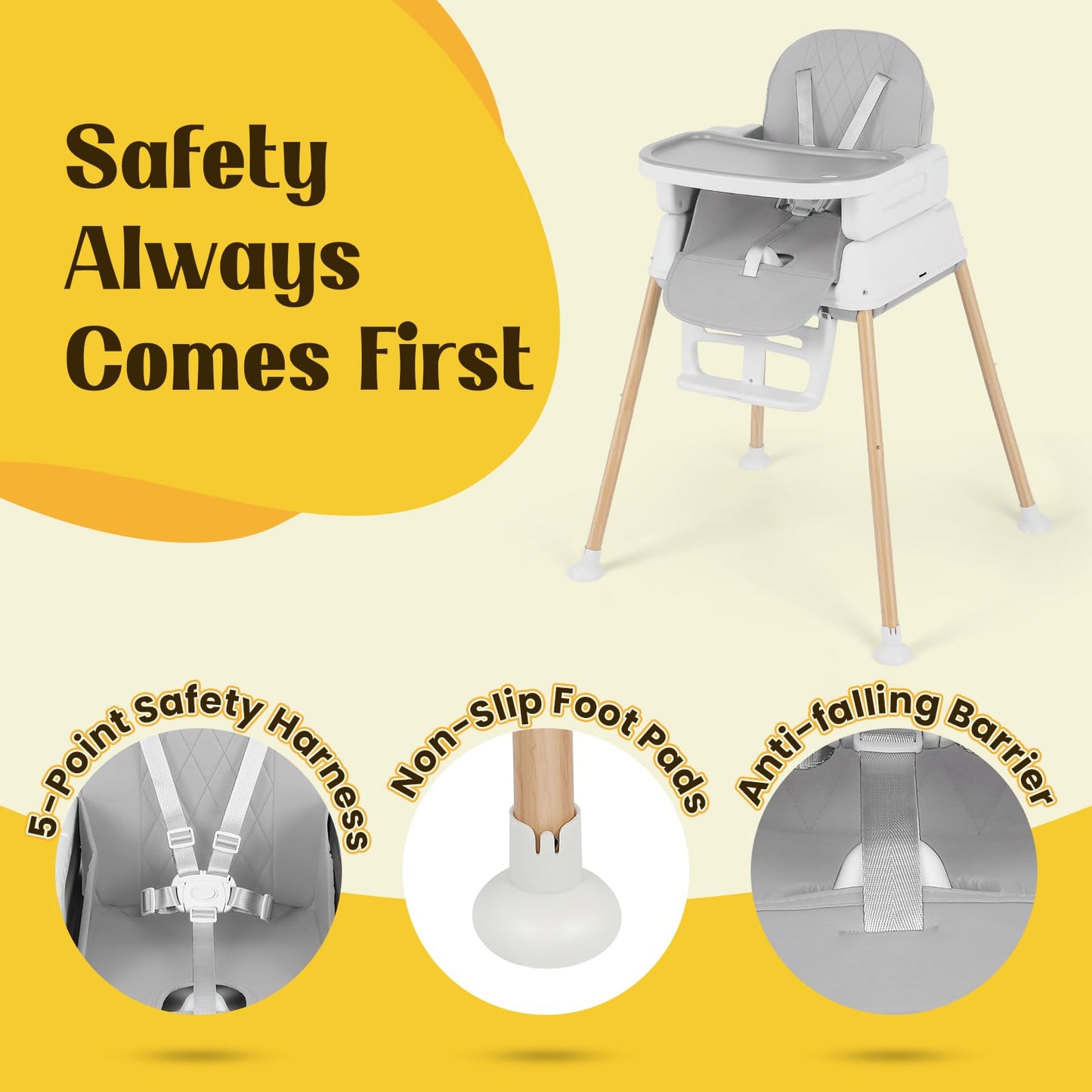 5-in-1 Baby High Chair, Convertible Booster & Play Chair, Portable Foldable Lightweight, Easy to Clean with Tray, for Babies Toddlers 6-36 Months, Gray