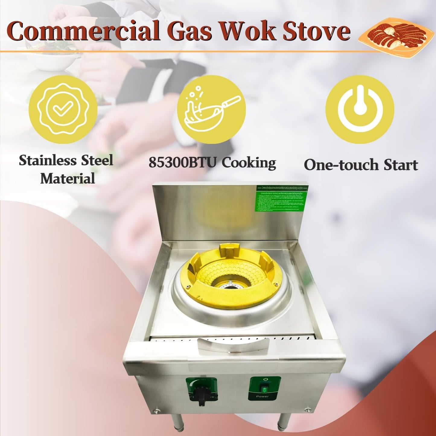 Yokoma Commercial Gas Wok Stove Chinese Wok Range Burner 85300 BTU Heavy-duty Stainless Steel Cooker Liquefied and Natural Gas Compatible Single Stove with Baffle for Chinese Cooking 110V