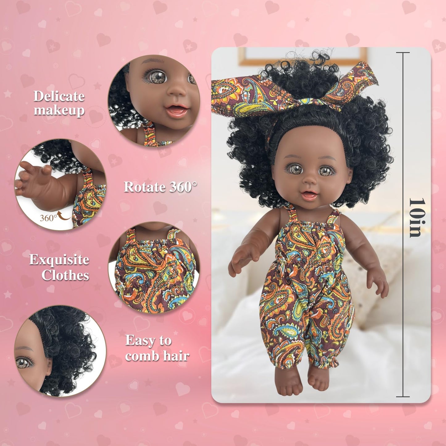 Nice2you Black Baby Doll, 10 inch American African Girl Doll with Dress, Realistic Reborn for Kids Aged 2 3 4 5 6, Silicone Small Toy Curly Hair Birthday Gift, Brown, BD-1