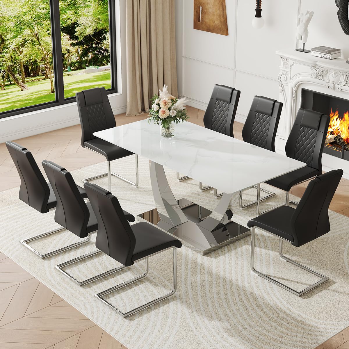 NYEESS 71" Dining Table Set for 8, White Dining Room Table Set with 8 PU Leather Chairs, Rectangular Faux Marble Kitchen Table Set for 8 with Tempered Glass Top and Silver Chrome Base