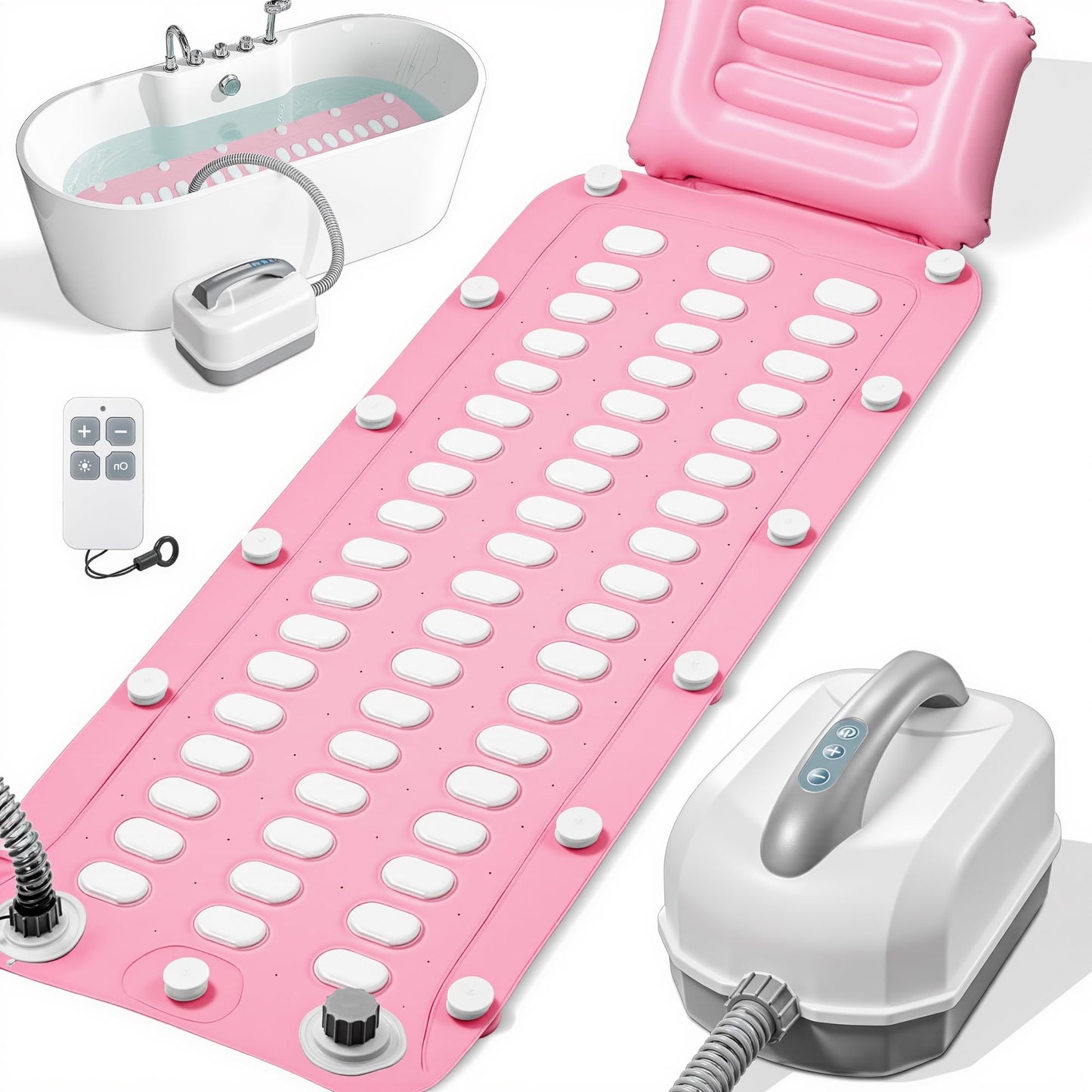Doroino Upgraded Bubble Bath Mat Tub Spa Massager, Portable Full-Body Bathtub Bubble Mat Non-Slip & Remote Control, Motorized Air Pump, 6-Speed Bubbles for Home Ultimate Relaxation (Pink)