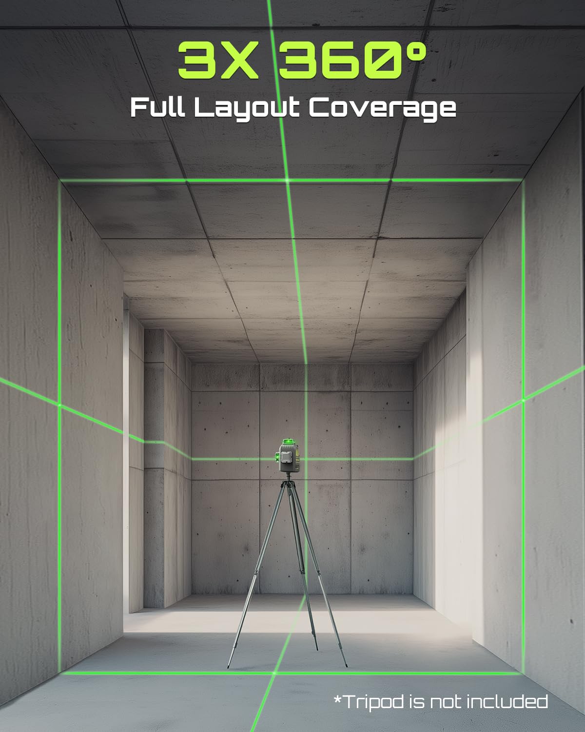 3D-RS12 Laser Level 3x360° Green Beam for Construction and Picture Hanging, Self-Leveling 3D Laser with 2 Rechargeable 11.1V Batteries (24 Hrs), Magnetic Liftable Stand, Type-C Cable