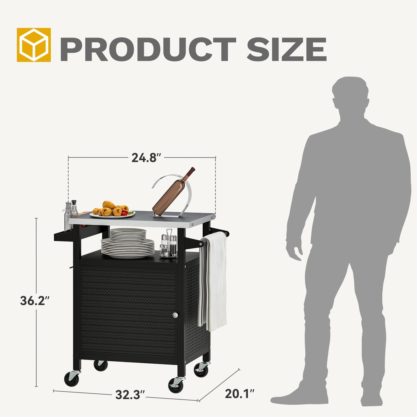DWVO Outdoor Grill Table,Outdoor Kitchen Island with Stainless Steel Top and Wheels,Grilling Cart for Kitchen Prep,BBQ,Grilling Accessories