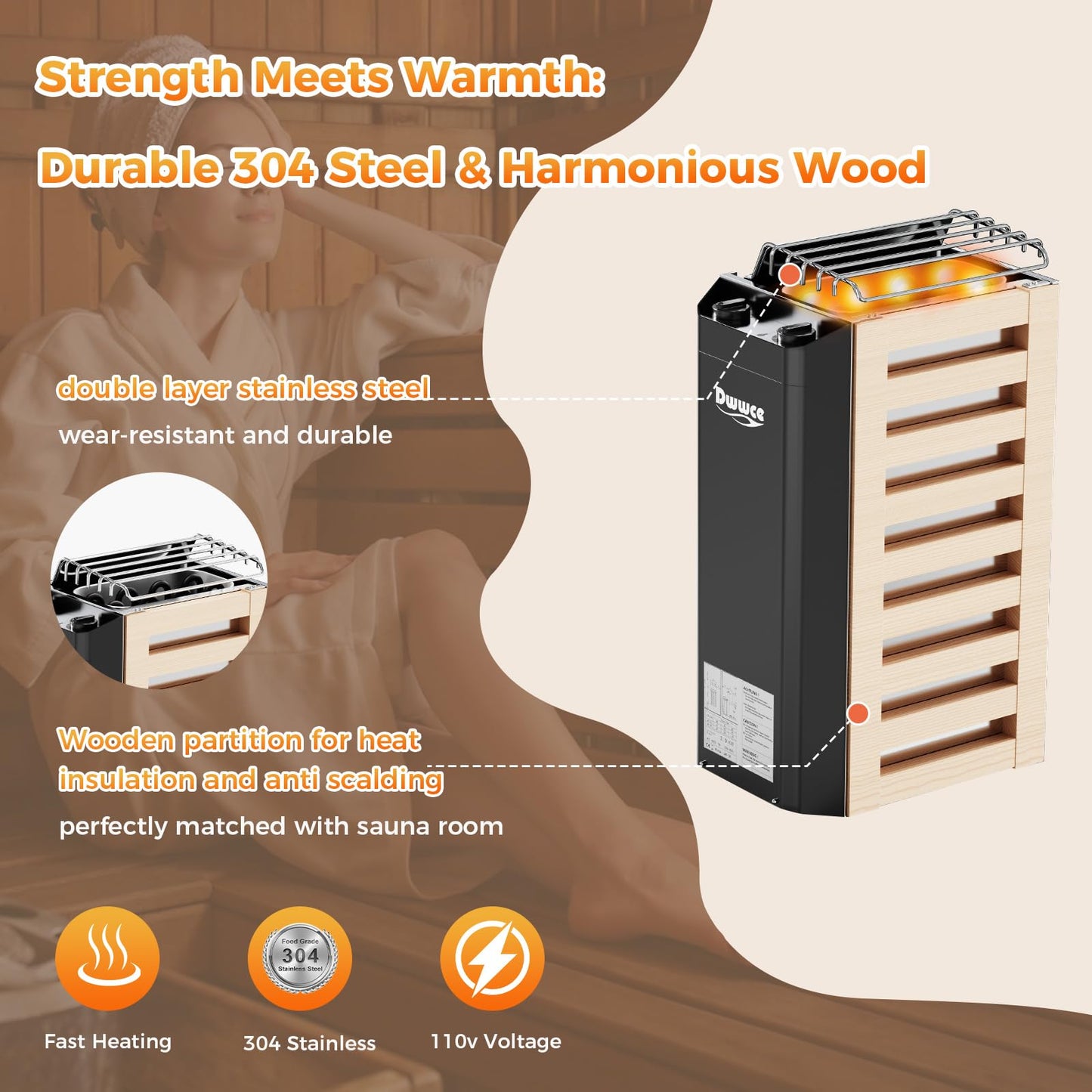 Dwwce 110V Sauna Heater with Plug, 2KW Electric Sauna Heaters Stove, Steam Bath Sauna Stove with 3H Timer and Temp Ajustable for 70-100 Cu.ft Small Sauna Room Home Hotel Spa