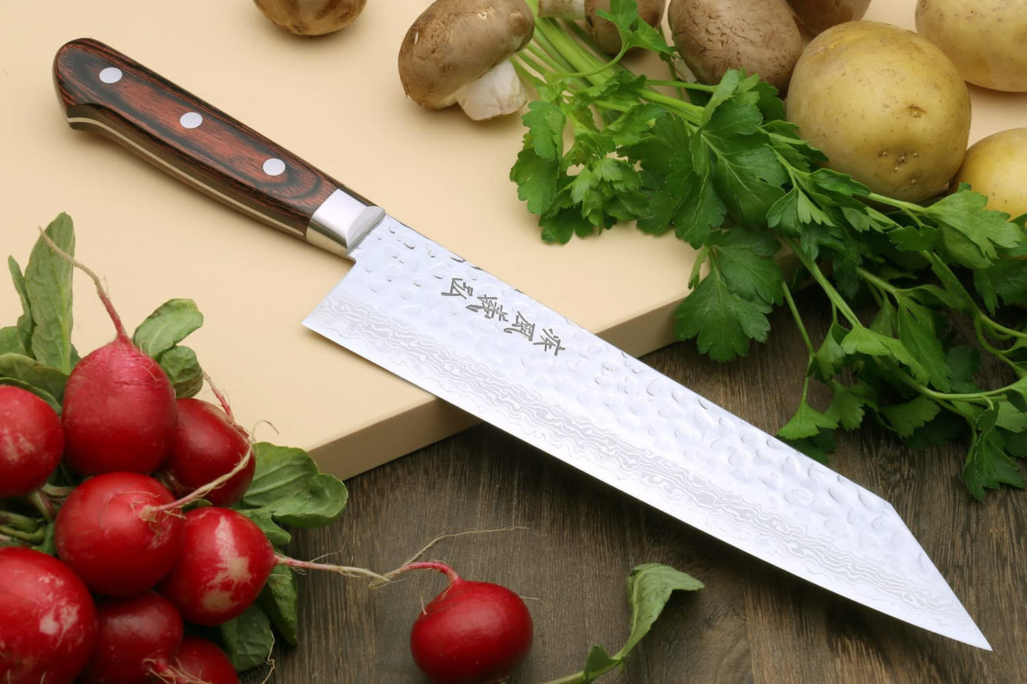 Yoshihiro VG10 Hammered Damascus Kiritsuke Sword Tip Multipurpose Japanese Chef Knife 8.25 inch - Western Style Mahogany Handle (with Magnolia Saya Cover)