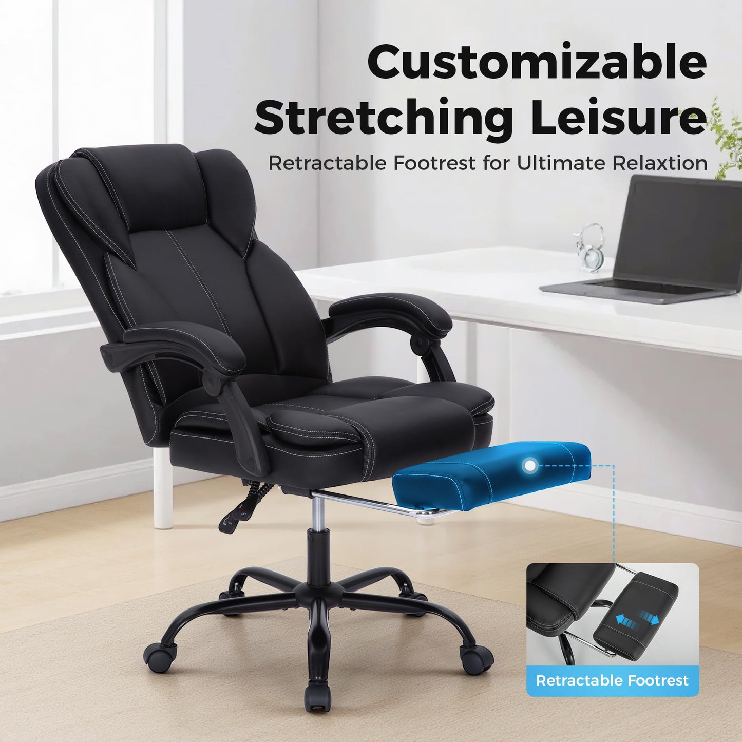 MAISON ARTS Ergonomic Office Chair, Big and Tall Executive Chair with Foot Rest, Computer Desk Chair with Padded Armrests, Rolling Swivel Faux Leather Chair for Home Office Man Woman, Black