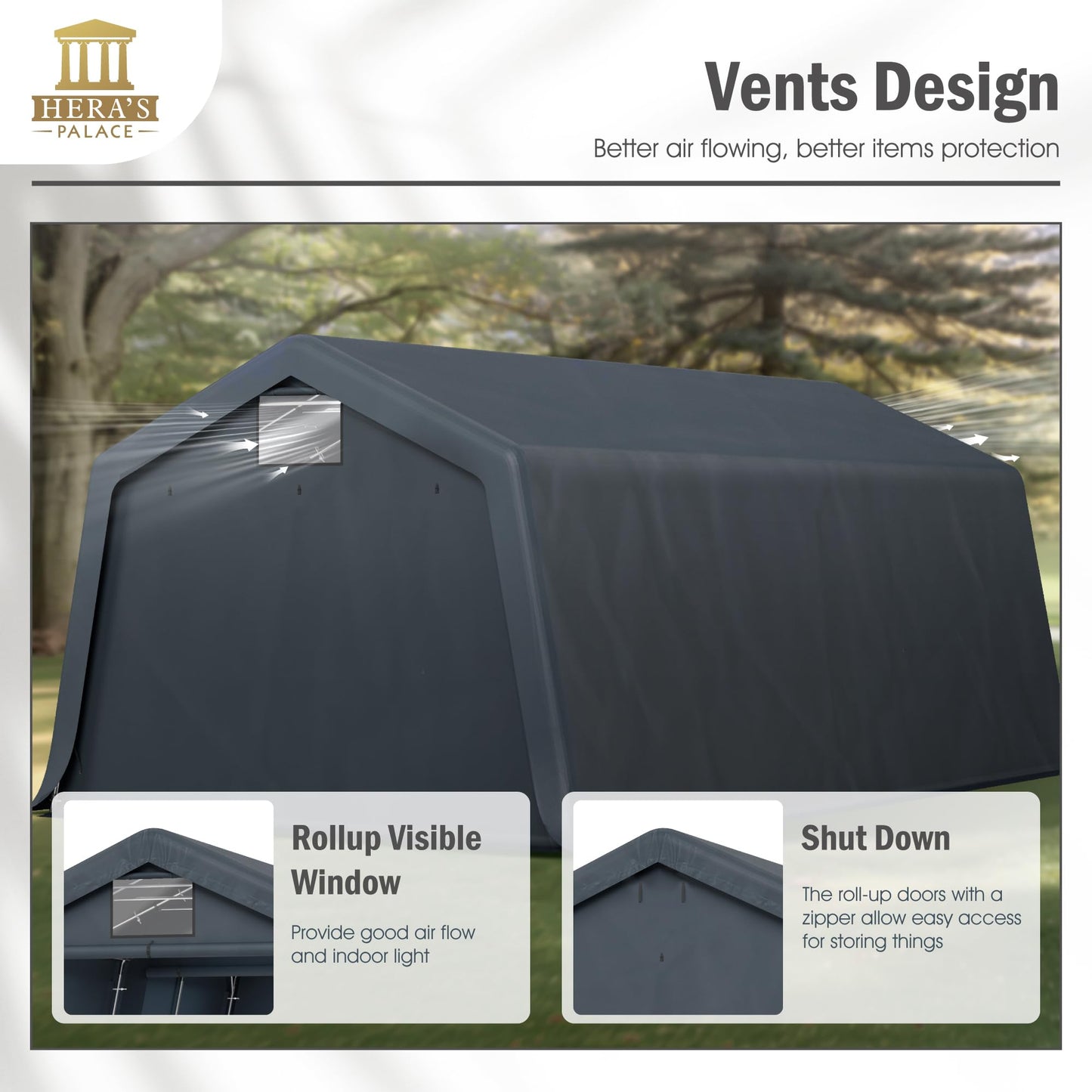 HERA'S PALACE 13x22ft Carport Heavy Duty Storage Shed Outdoor Anti-Snow Portable Canopy Shelter with Doors Garage Tent for Utv Boat Truck Motorcycle